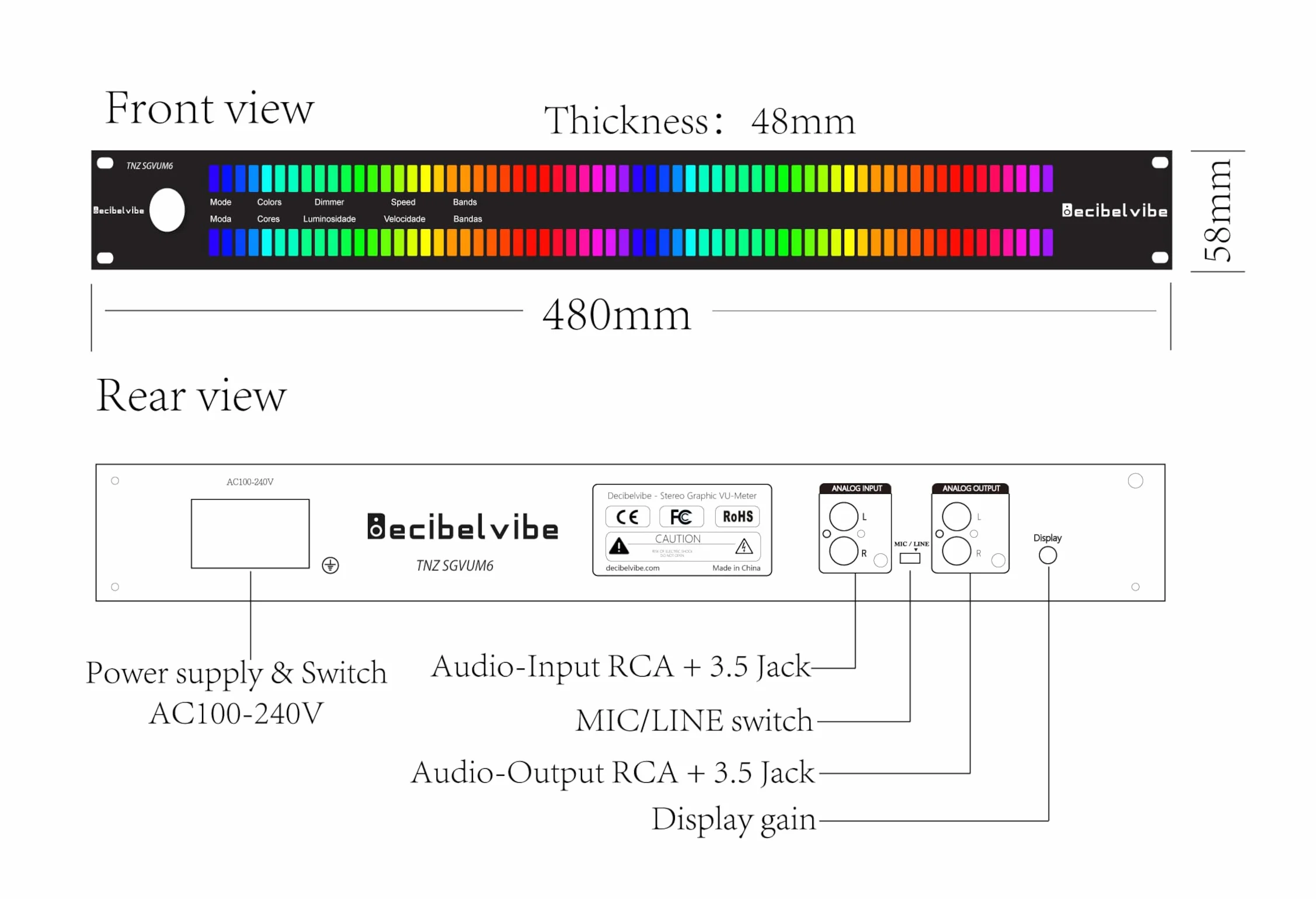 Decibelvibe TNZ SGVUM6 Miernik audio graficzny VU z wejściem i wyjściem RCA/3,5, bezprzewodowe wejście przez wbudowany mikrofon, 19 kolorów srebrny