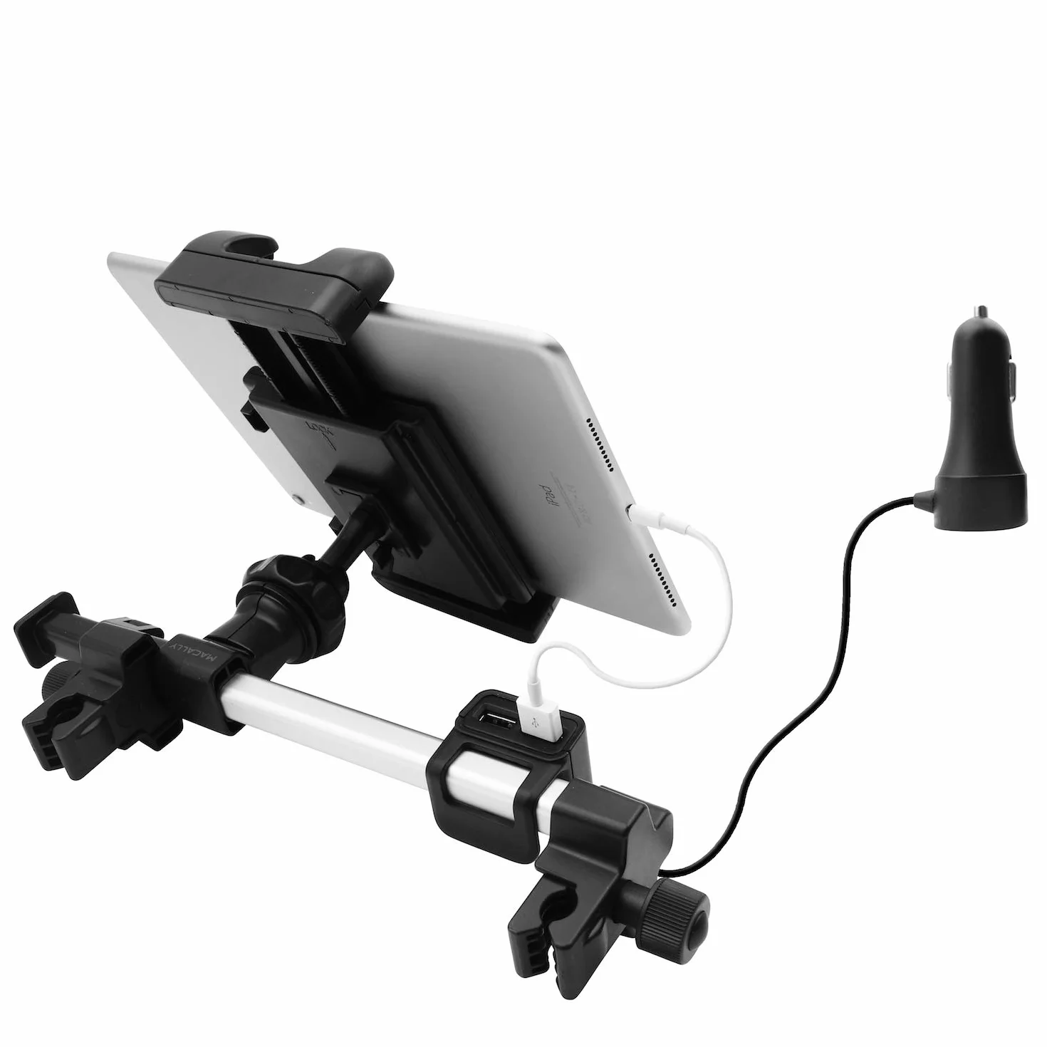 Macally HRMOUNTPRO4UAC podwójny uchwyt na zagłówek tabletu z ładowarką USB do samochodu