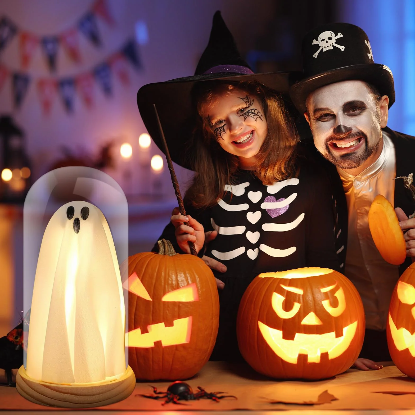 Joycabin Dekoracja na Halloween, świecący duch w szklanym dzwonku z drewnianą podstawą, lampka nocna na Halloween, dekoracja stołu, na imprezę