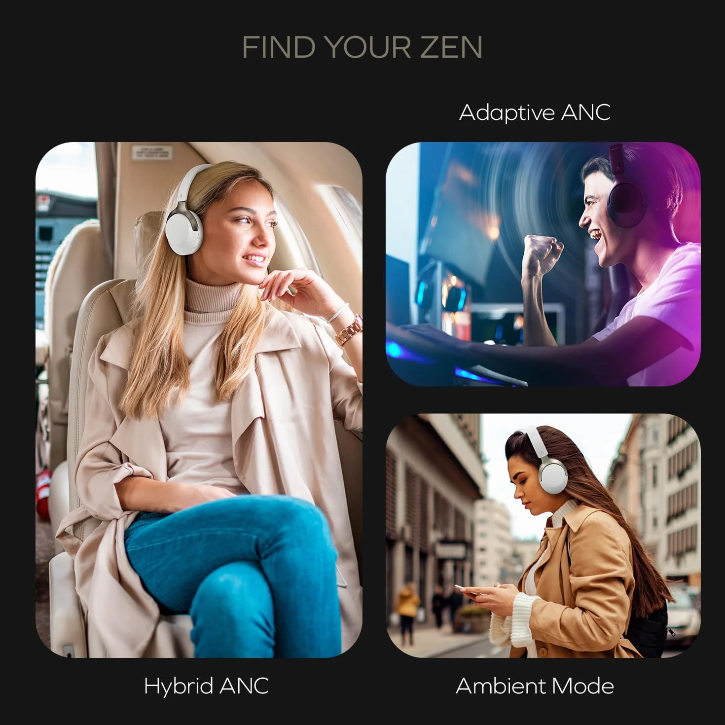 CREATIVE Zen Hybrid SXFI bezprzewodowe słuchawki nauszne, hybrydowa ANC, tryb otoczenia, 70h, niskie opóźnienie (jasnoszary)