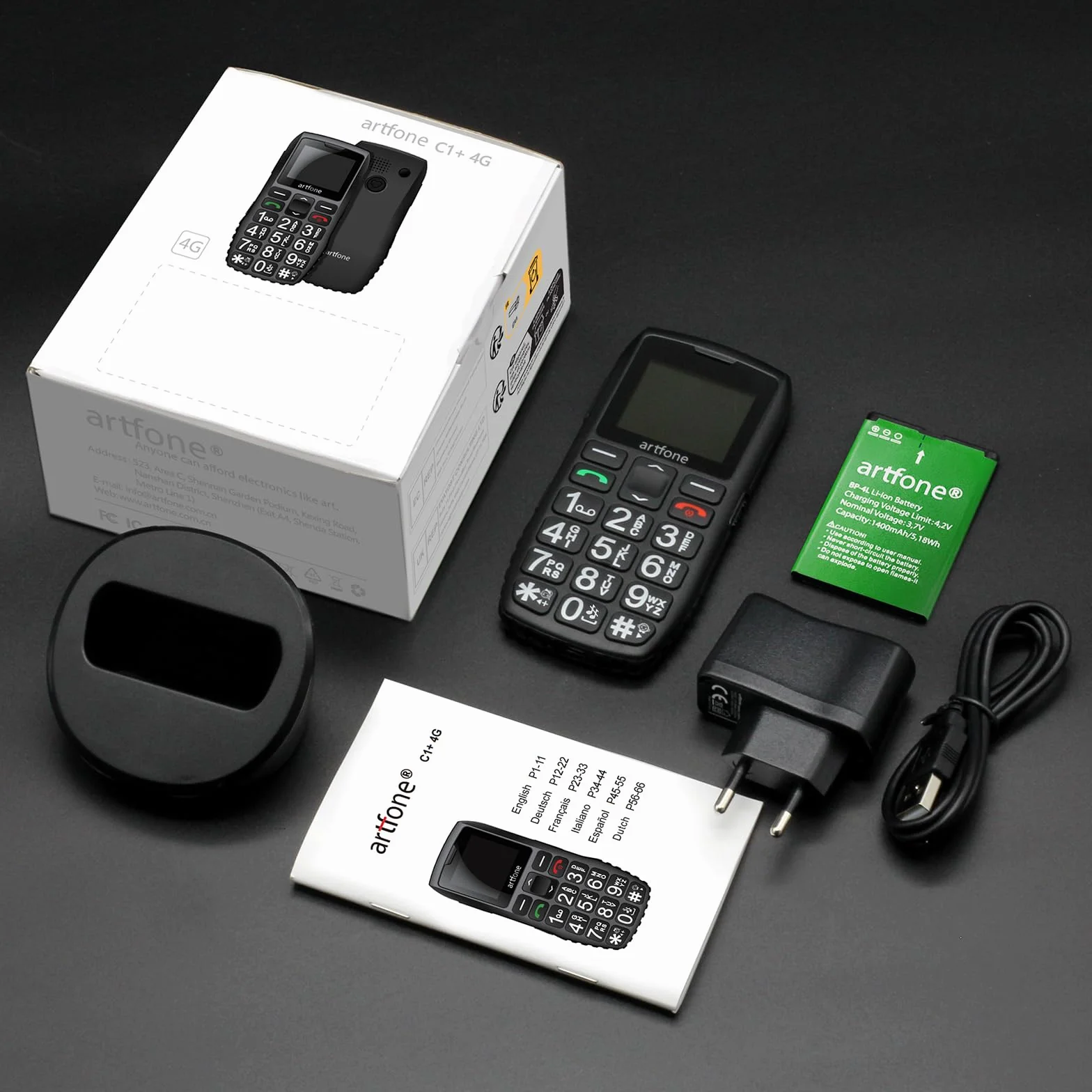 artfone Starszy telefon komórkowy z dużymi przyciskami, LTE telefony dla osób starszych, funkcja SOS, wysoka głośność, bateria 1400 mAh, podstawa ładująca z USB C1 4G, czarny