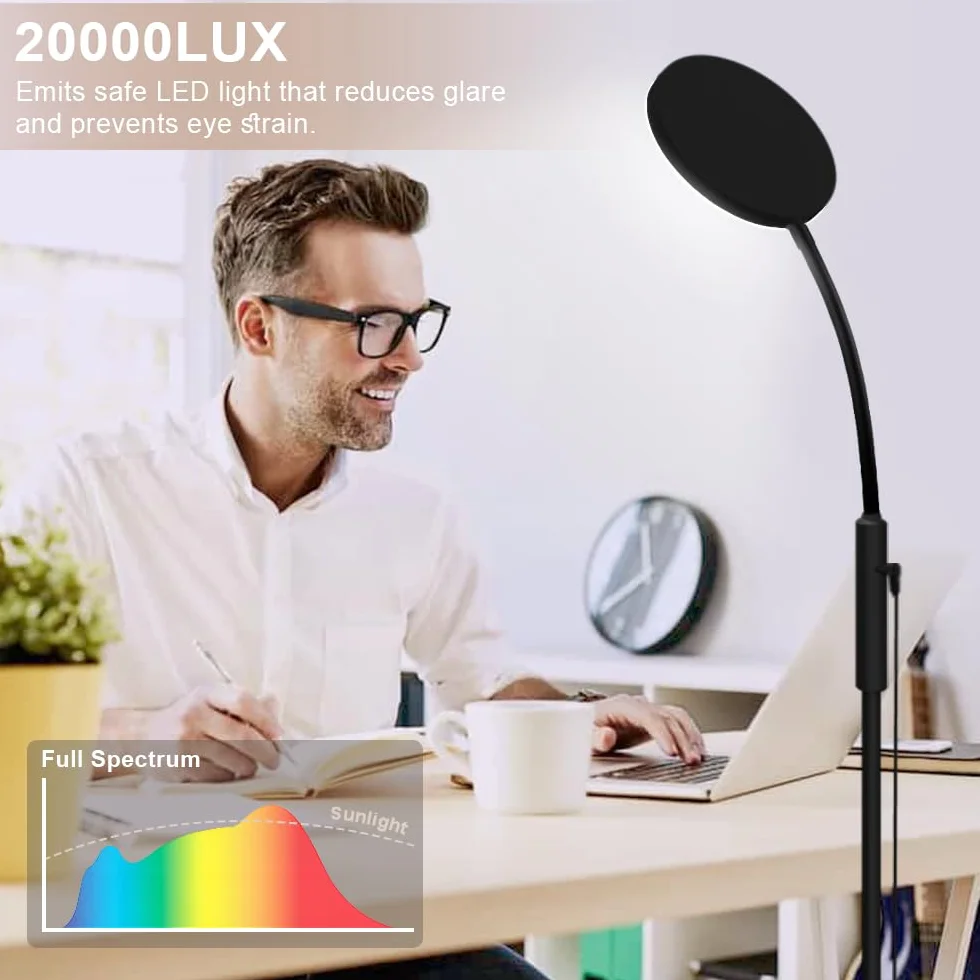 Mojimdo Lampa podłogowa 20000 Lux - elastyczna, ściemnialna lampa LED do terapii światłem z 5 kolorami, 10 poziomami jasności i wyłącznikiem czasowym