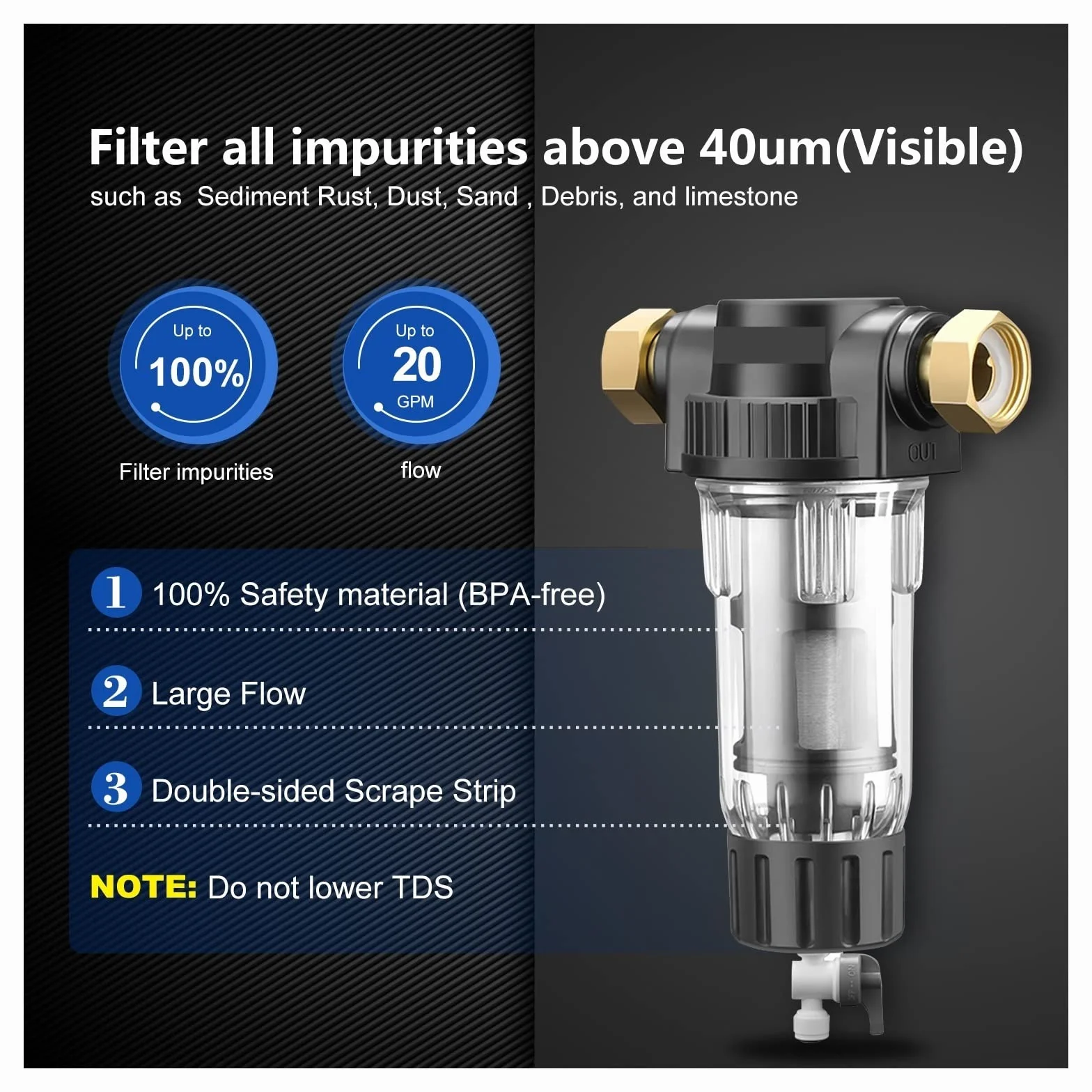 System filtracji wody - Filtr wstępny Cały dom Filtr osadów wirowych Centralny system filtracji wstępnej Filtr wody wielokrotnego użytku Pułapki Rdza, kurz, piasek(2xFilter replacement)