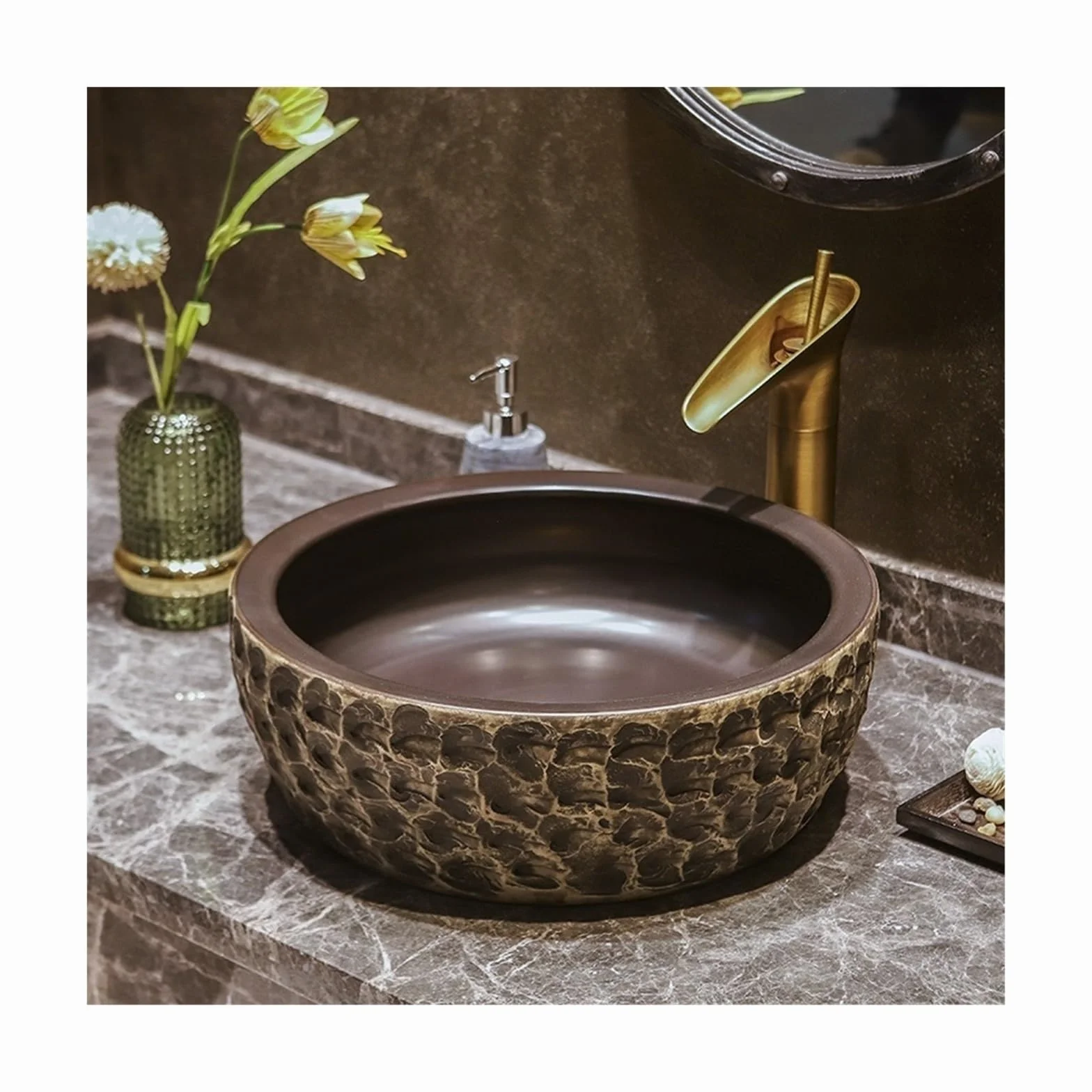 Umywalka Łazienkowa Nablatowa Ceramiczna Umywalka Artystyczna Do Użytku Domowego W Kolorze Brązowym, Antyczna Umywalka Nablatowa Okrągła Umywalka Łazienkowa Umy