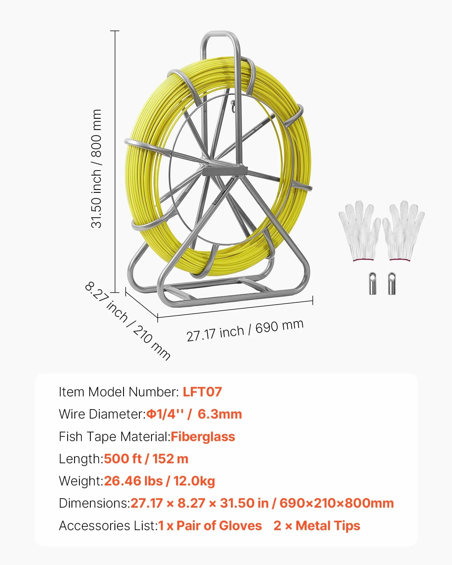 VEVOR Prowadnica kablowa 6,3 mm 152 metrów, kabel z włókna szklanego z pojemnikiem, wymienne zaciski, znak długości, narzędzia elektryczne, do montażu ściennego rury elektrycznej