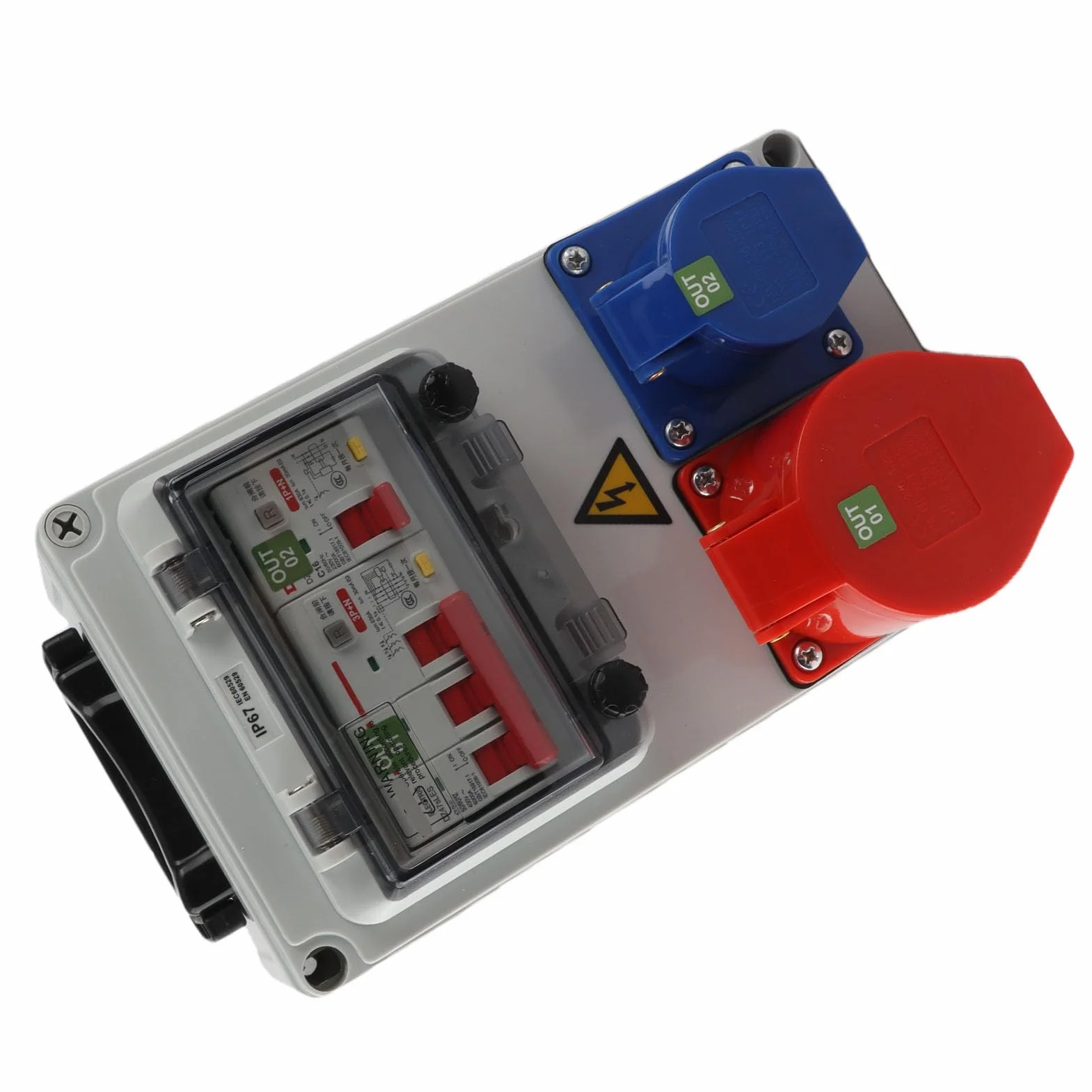 AUNMAS Przemysłowa Skrzynka Gniazdkowa Przenośna Skrzynka Rozdzielcza ABS 250 X 150 X 100 Mm z Wyłącznikiem Automatycznym i 2 Pasującymi Wtyczkami IP54 do Użytku Fabrycznego w Warsztacie Budowlanym