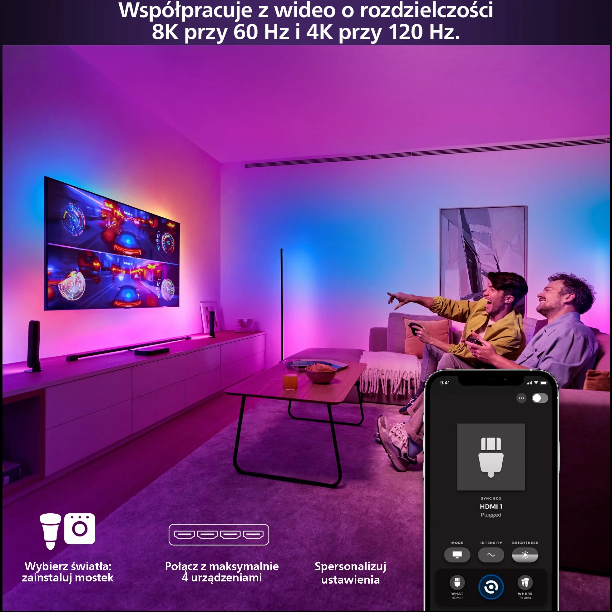 Philips Hue Play HDMI Sync Box 8K Bezprzewodowy Synchronizator Dolby Vision 10 Świateł