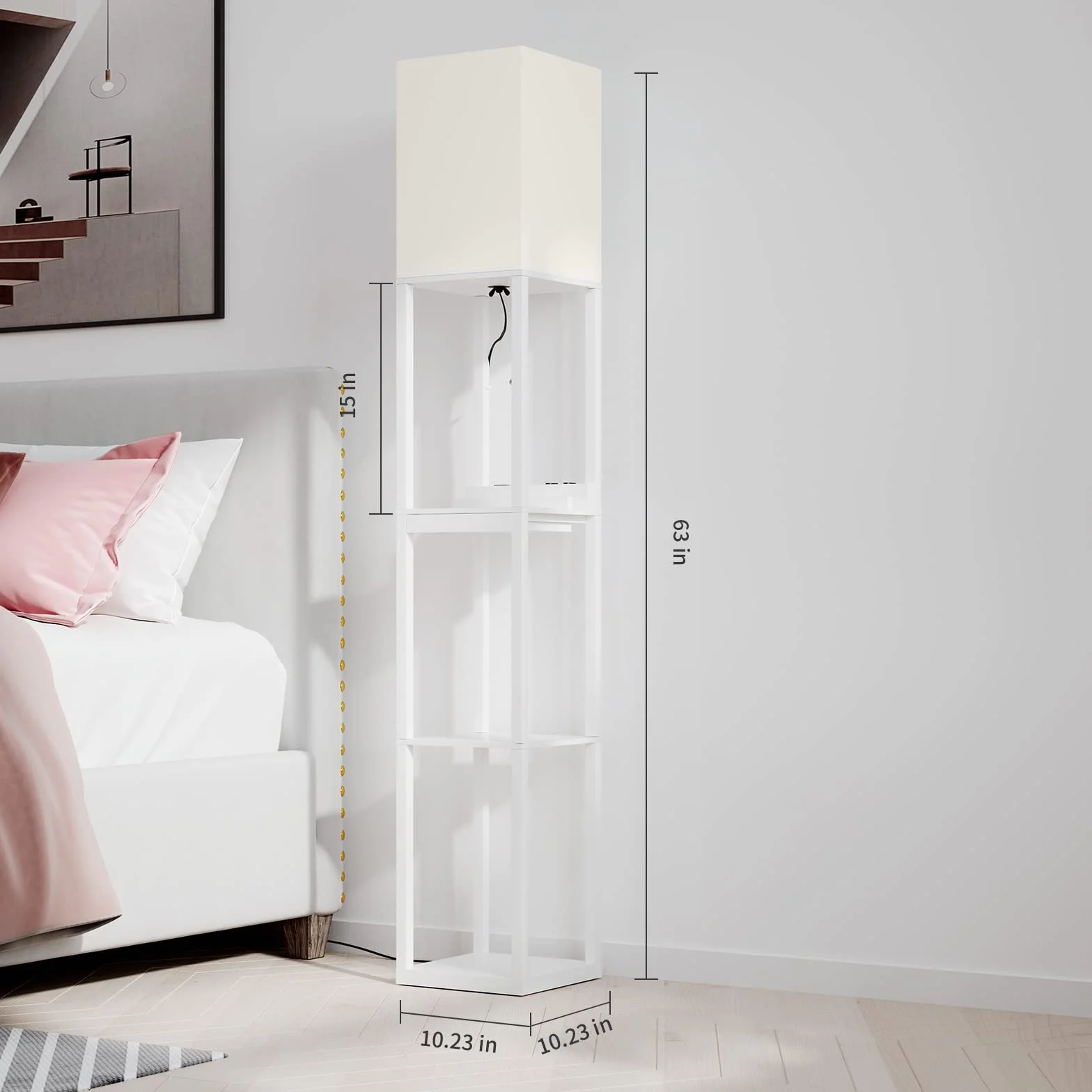 SUNMORY Lampa Podłogowa Z Półką Z Litego Drewna, 3 Temperatury Barwowe, 2 Porty USB Do Ładowania I 1 Szuflada, Biała (Z Żarówką)