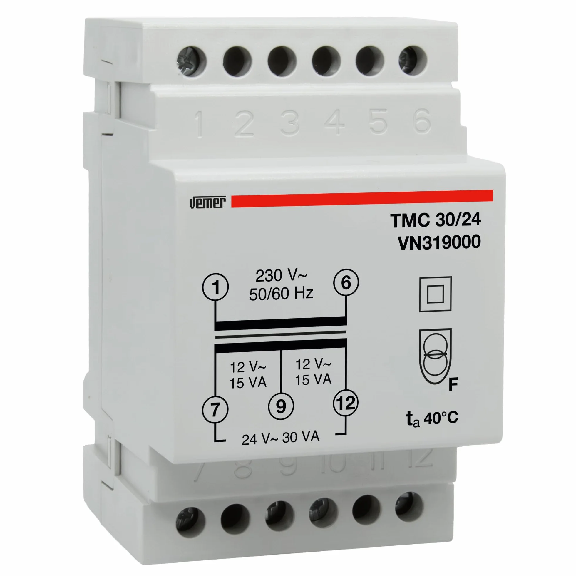 VEMER VN319000 TMC 30/24 - transformator do szyn montażowych o napięciu pierwotnym 230 V, transformator o napięciu wtórnym 12-24 V i mocy 30 VA, biały