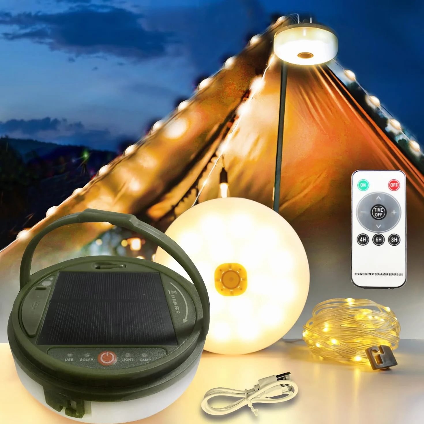Solarny łańcuch świetlny kempingowy z pilotem zdalnego sterowania, przenośna wodoodporna lampa kempingowa 2 w 1, zasilana energią słoneczną i ładowaną przez USB, latarnia namiotowa do wędrówek