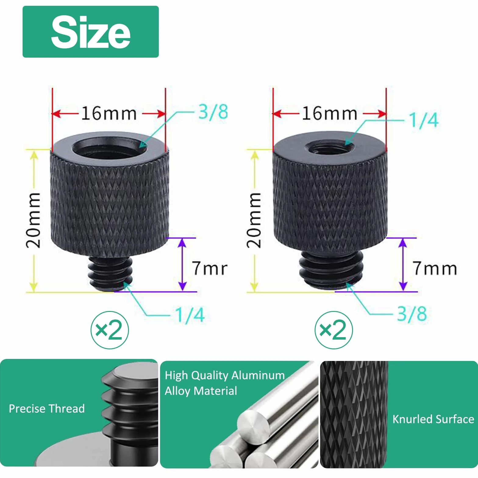 Adapter gwintowany 3/8" na 1/4" i 1/4" na 3/8" ze stopu aluminium do statywu aparatu