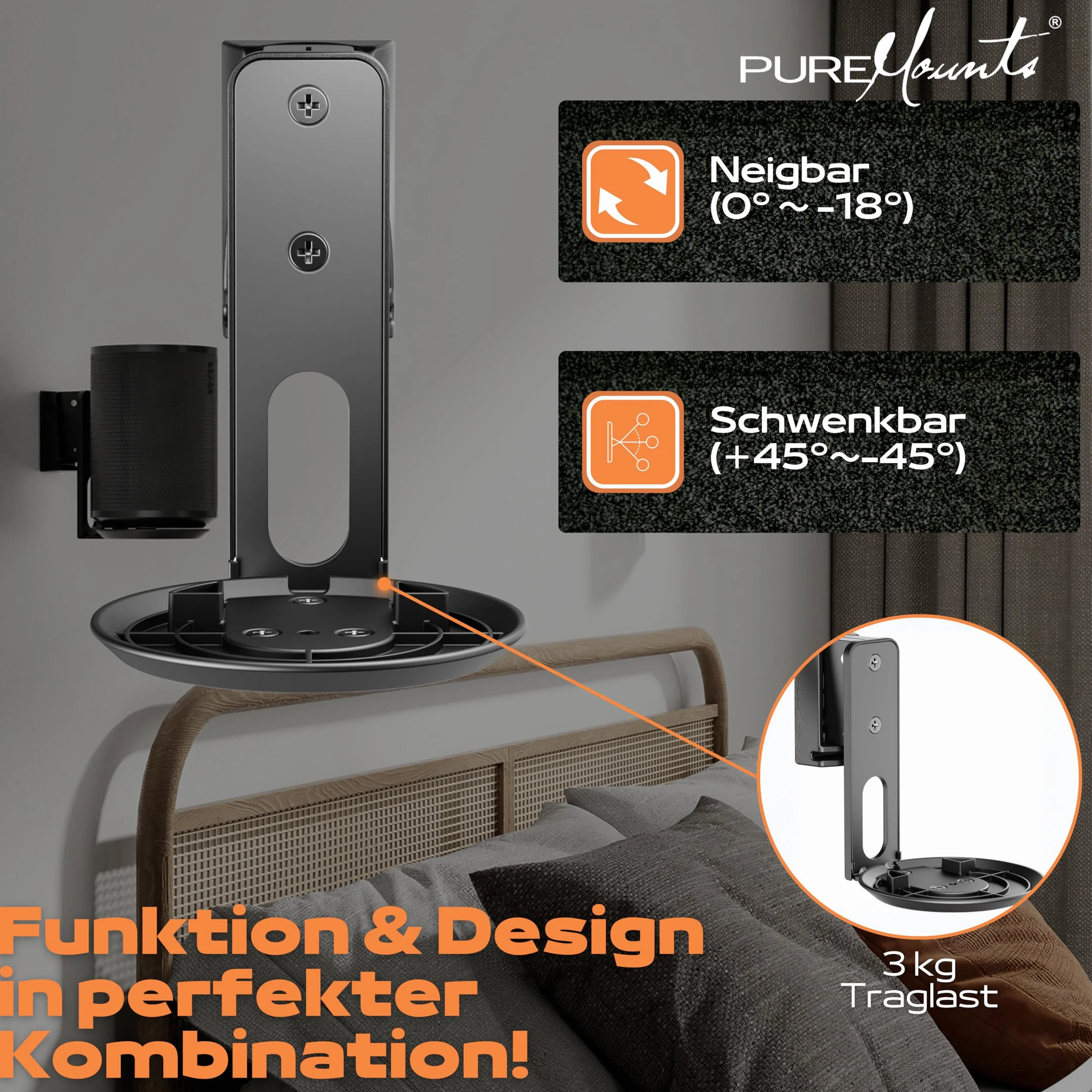 PureMounts Uchwyt ścienny do Sonos Era 100, wychylny +/-45°, nachylenie 0/-18°, 3 kg, czarny