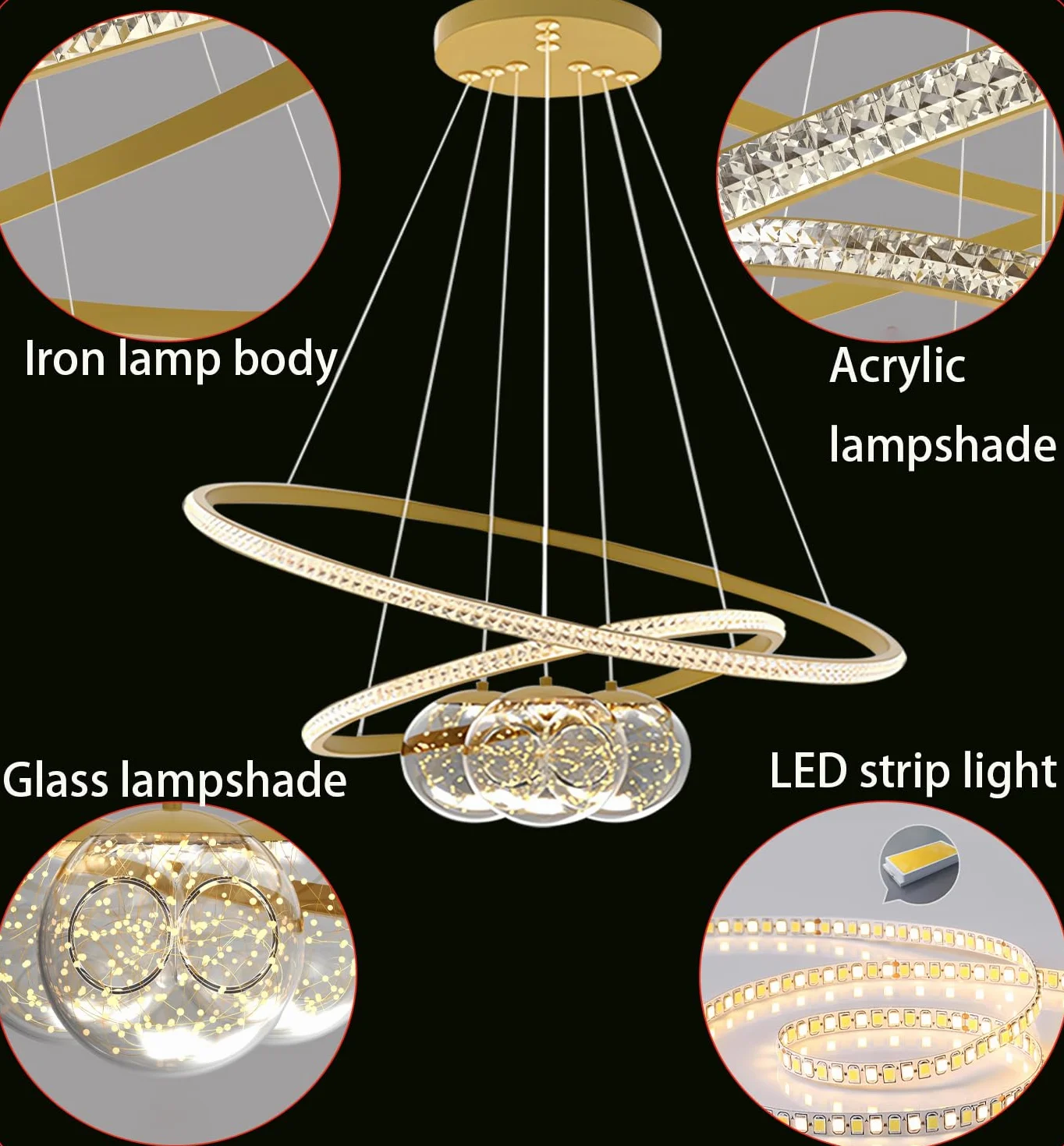 Metalowy żyrandol LED,3 okręgi 40+60+80 cm,lampa sufitowa z regulacją jasności 120 W,pilot zdalnego sterowania 3000-6500 K, lampa wisząca z akrylowym kloszem,oprawy oświetleniowe (Złoto, 60+80)