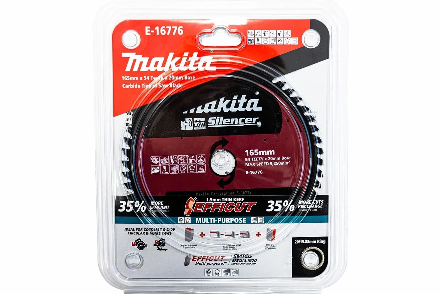 Makita E-16760 EFFICUT aluminiowy brzeszczot do piły tarczowej Ø 165 x 1,5 x 20 mm, 54 zęby, kąt 3°, do bardzo czystego i szybkiego cięcia aluminium, do akumulatorowych pił ręcznych i ukośnych