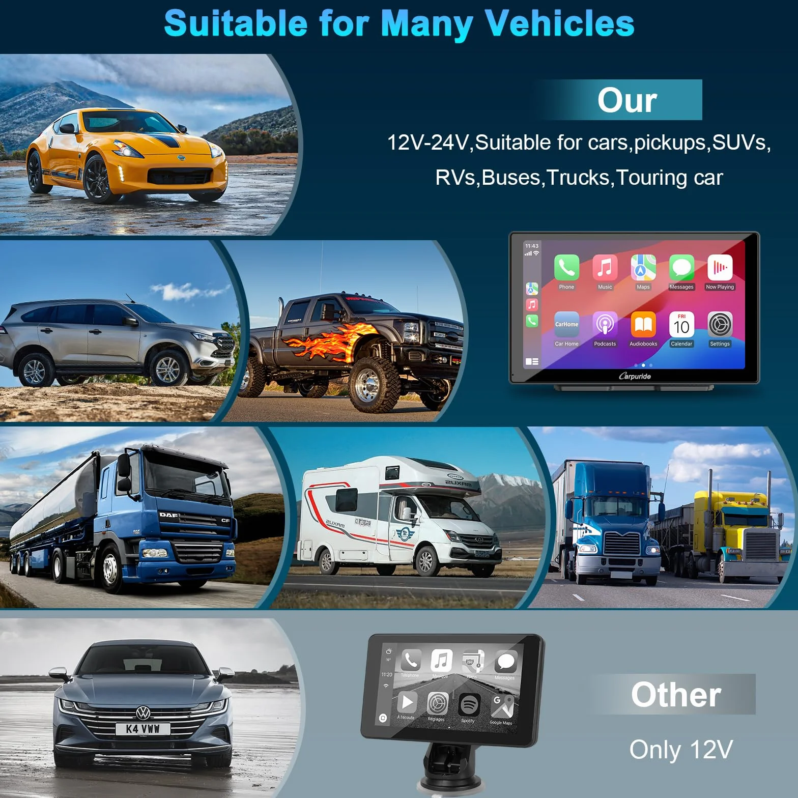 Carpuride W905 Bezprzewodowy odtwarzacz samochodowy Carplay i Android Auto z kamerą samochodową, przenośny 9-calowy ekran dotykowy HD, 4K przednia i tylna kamera, nagrywanie pętlowe, Bluetooth, Mirror