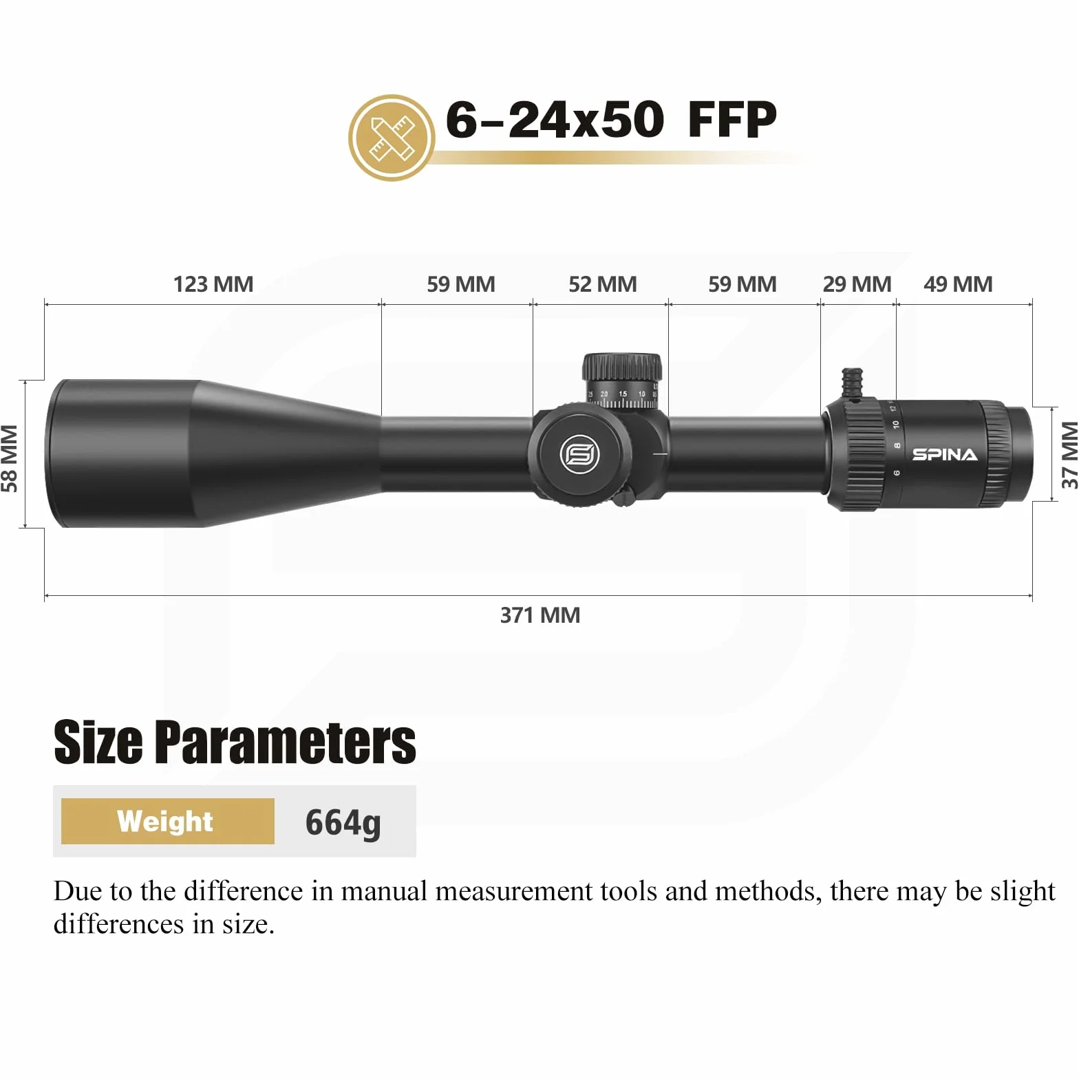 SPINA OPTICS 6-24x50 FFP II Celownik optyczny Pierwsza płaszczyzna ogniskowa Celownik z siatką MRAD Precision Tree i osłoną przeciwsłoneczną