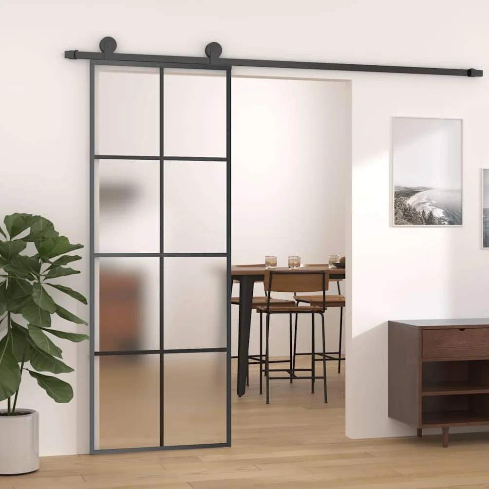 Aluminiowe drzwi przesuwne ze szkłem bezpiecznym 5 mm, szkło ESG 76 x 205 cm, czarne, malowana proszkowo rama, oszczędność miejsca rozwiązanie do domu