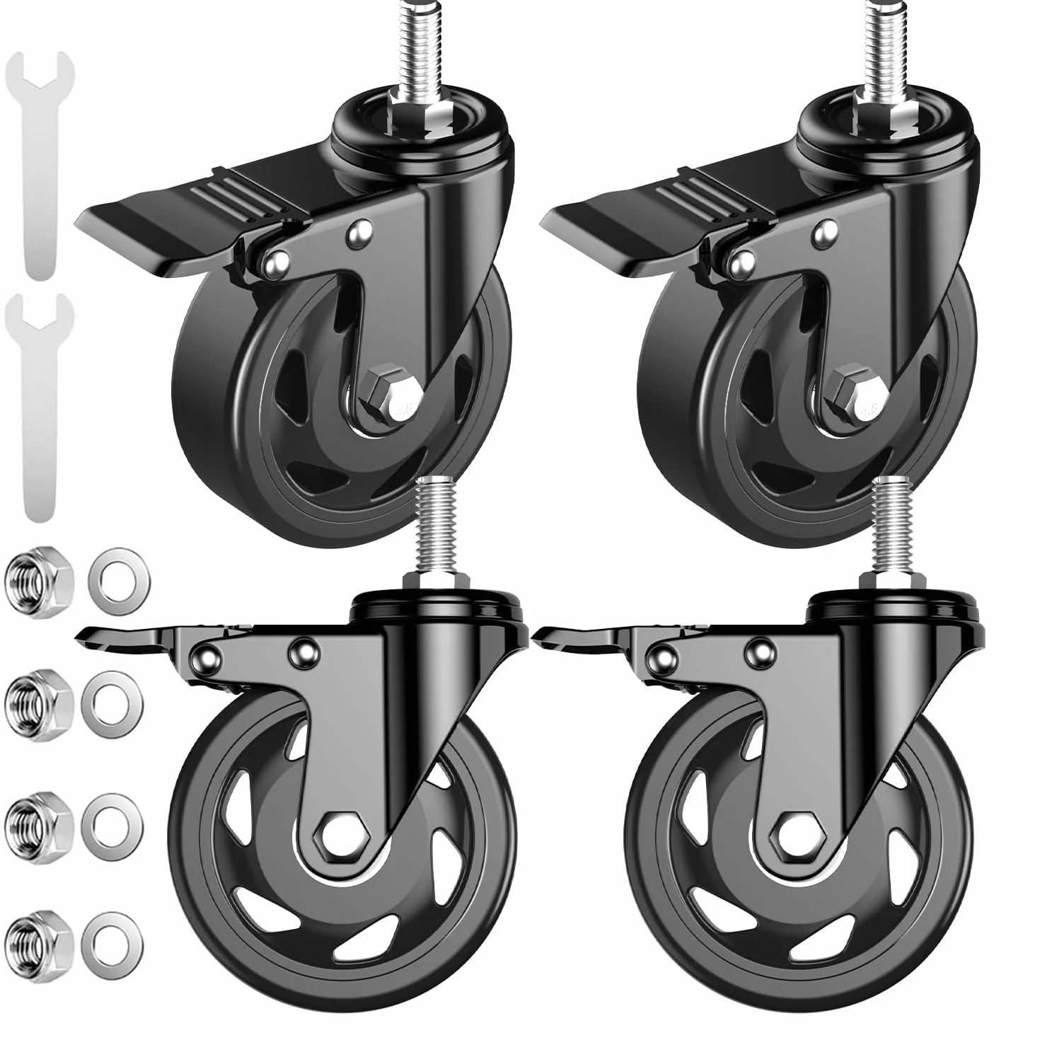Zestaw kółek 4,3 cala z gwintowanym trzpieniem, 1/2"-13 x 1 (średnica trzpienia 1/2", długość trzpienia 1"), wytrzymałe kółka w kolorze czarnym, blokowane, obrotowe kółka z hamulcem