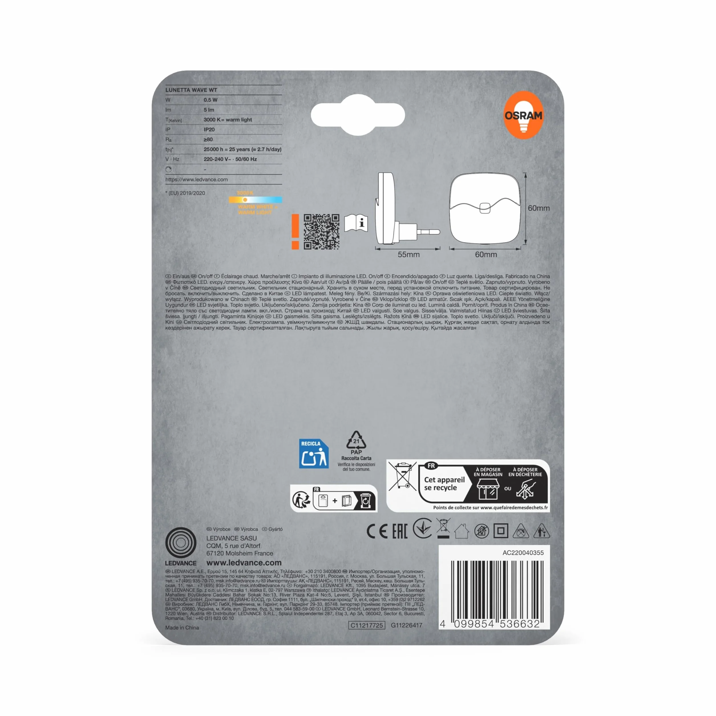OSRAM Lampka nocna LUNETTA Wave w kolorze białym wykonana z tworzywa sztucznego, ciepłe białe światło, stopień ochrony IP20, do pokoju dziecięcego i wnętrz