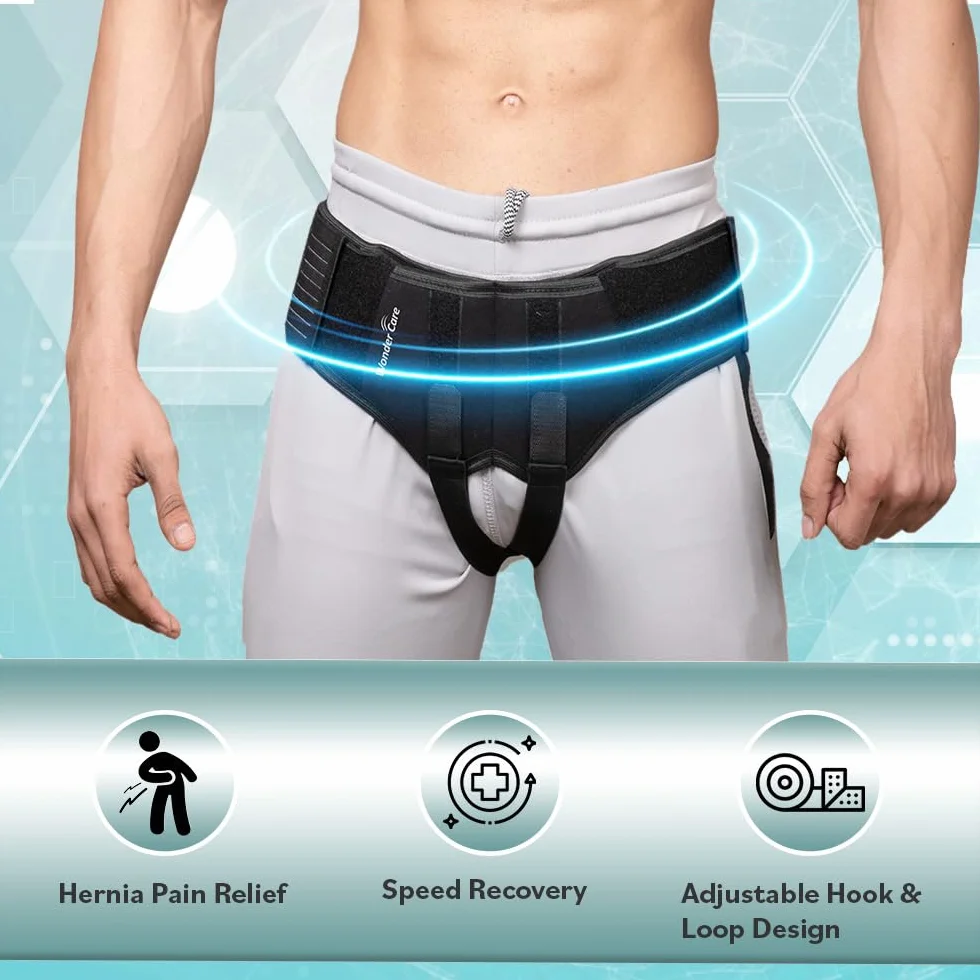Wonder Care - Czarny kratownica na przepuklinę wewnętrzną do podwójnej przepukliny inowej lub sportowej z jednymi zdejmowanymi podkładkami kompresyjnymi i regulowanymi paskami pachwinowymi i odzyskiwaniem obrażeń A107 (dł. (96-99 cali)
