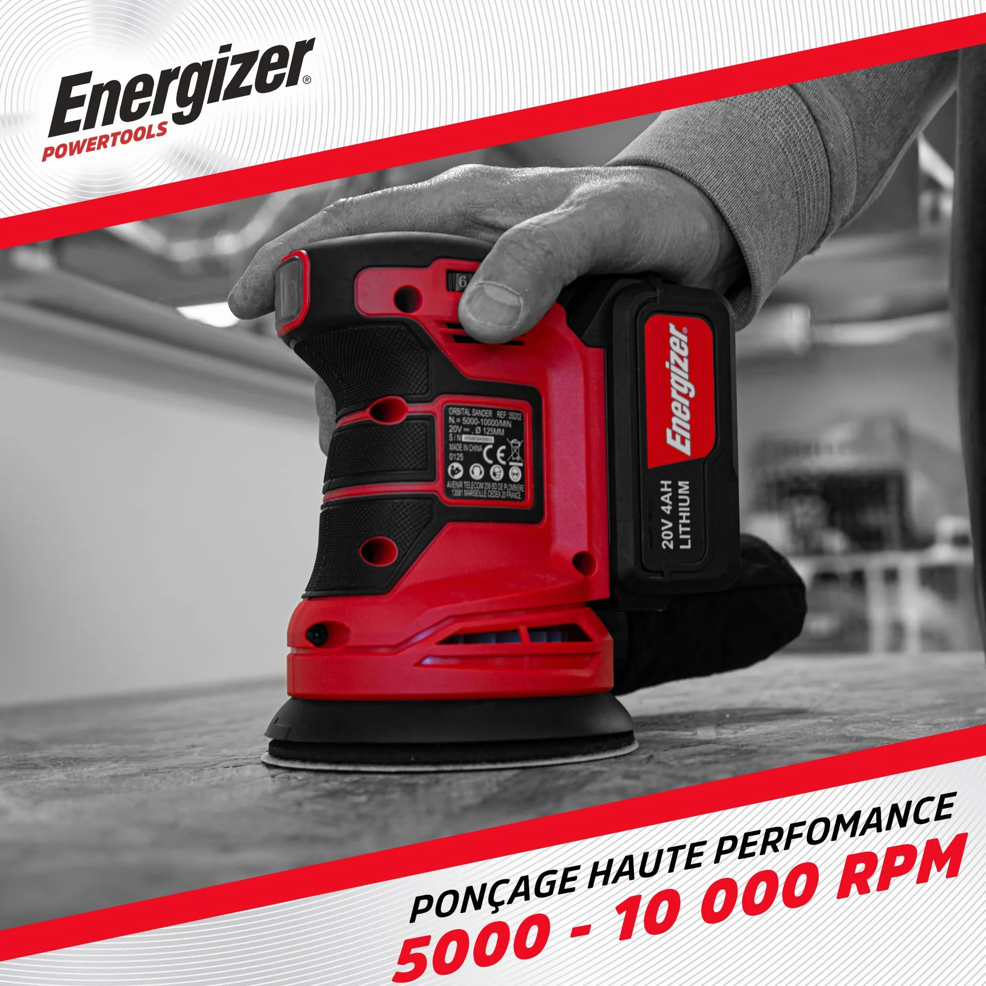 Energizer Bezprzewodowa szlifierka tarczowa 20 V, 10000 obr./min, 6 regulowanych prędkości - samozaciskowa taca 125 mm, torba kolekcjonerska, 10 dysków w zestawie - w zestawie 2 baterie 20 V 2 AH +