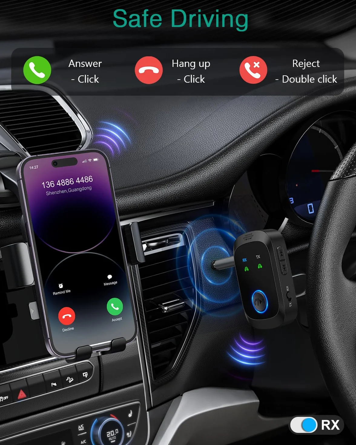 ORIA nadajnik i odbiornik Bluetooth 5.4, przenośny adapter Bluetooth Aux z podwójnym połączeniem, połączenie głośnomówiące, niskie opóźnienie, 3,5 mm bezprzewodowy nadajnik audio do samochodu, TV, PC