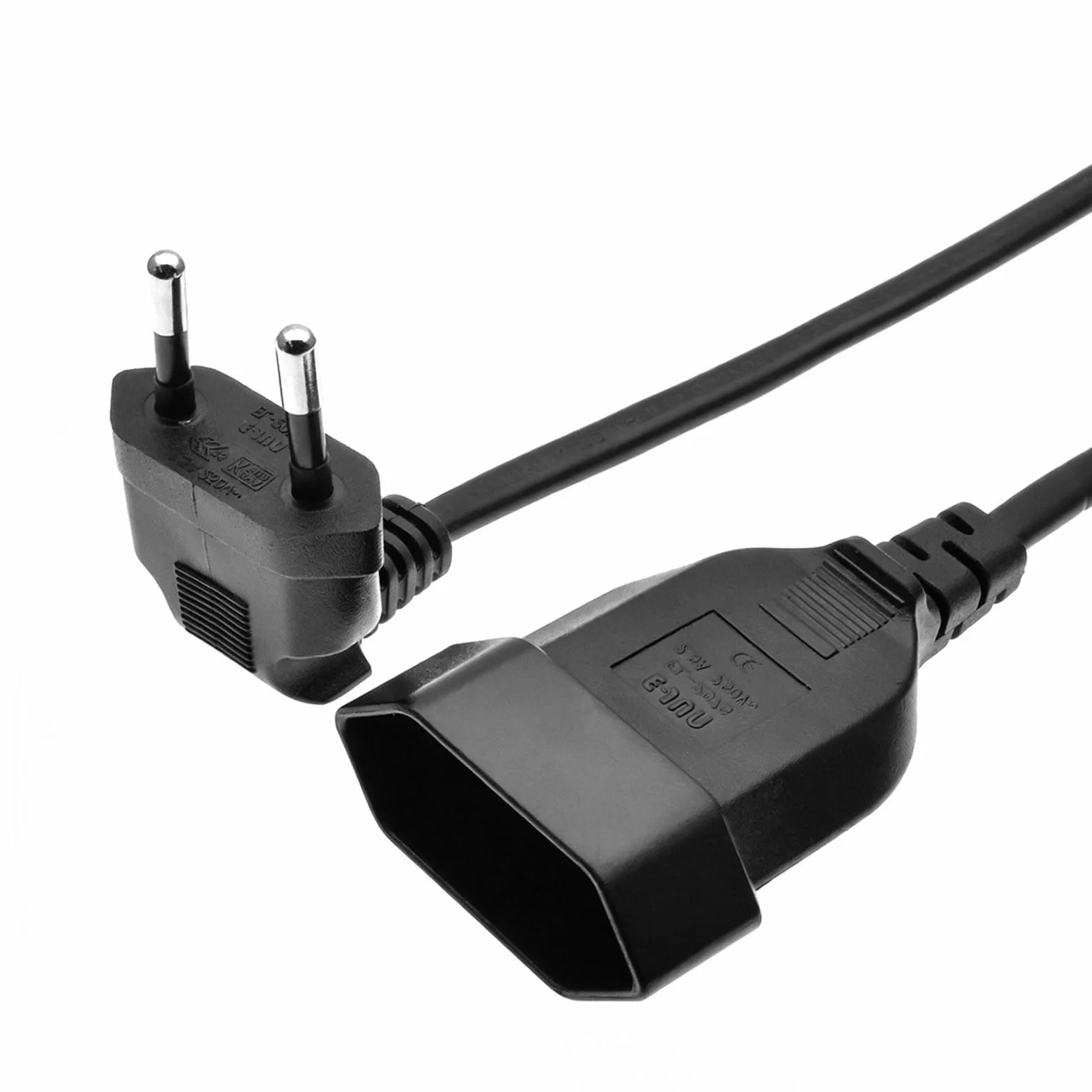 Przedłużacz z wtyczką Euro 90 stopni, płaski kabel 0,3 m, 2 sztuki, czarny