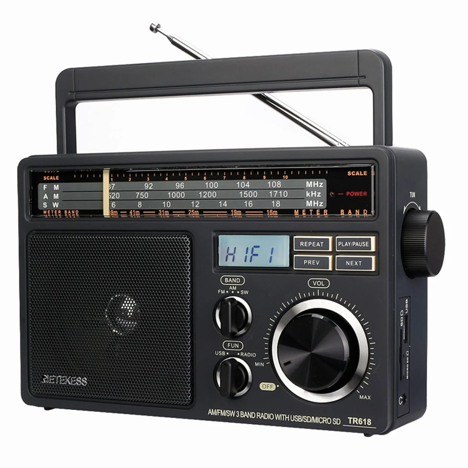 Retekess TR618 Przenośne Radio FM AM SW Analogowe Krótkofalowe USB SD/TF Gniazdo Słuchawkowe Zasilanie Sieciowe Akumulator Ciemnoszary