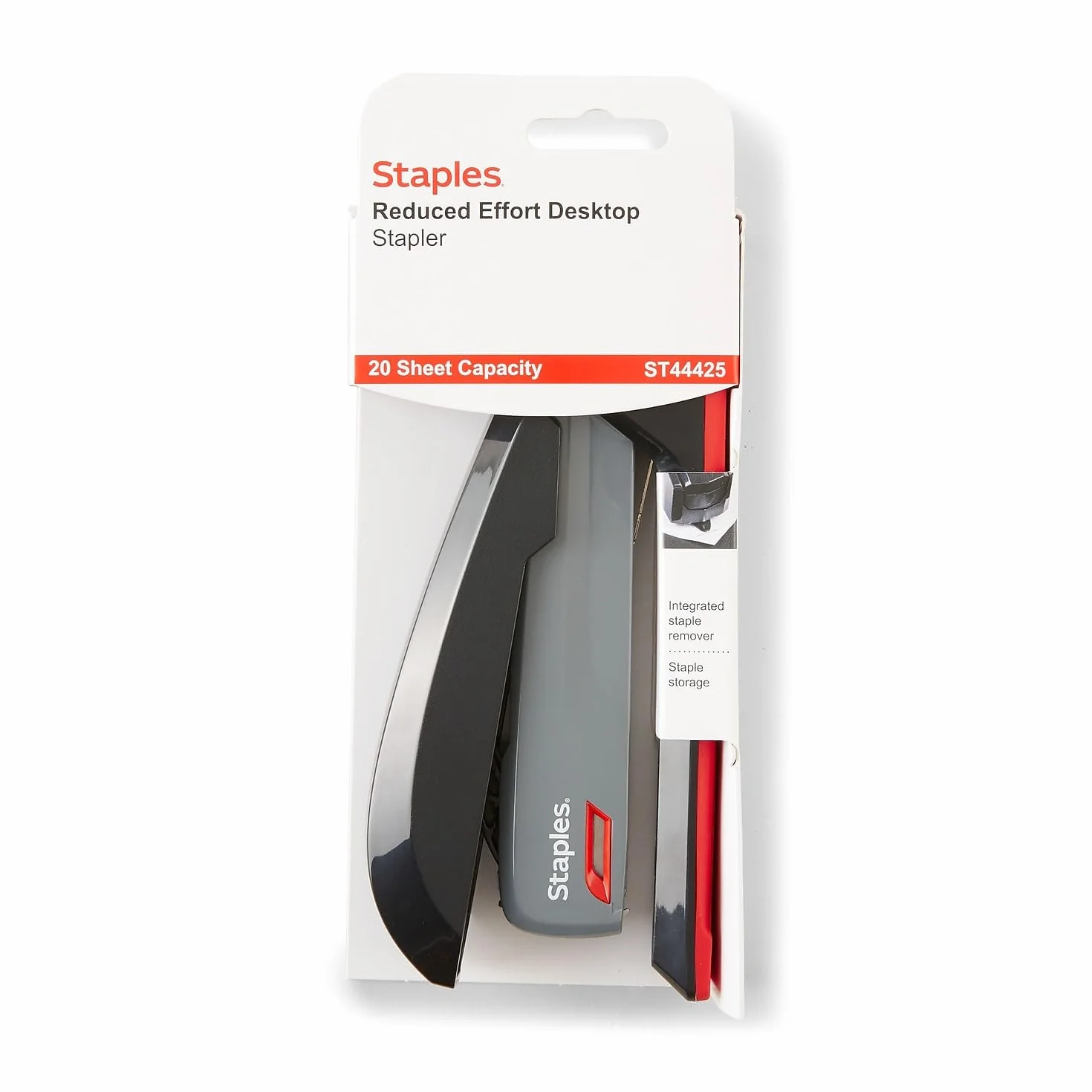 Staples 1798852 Zszywacz do pulpitu jednym dotknięciem, pełna pojemność, szary/czarny/czerwony (44425)