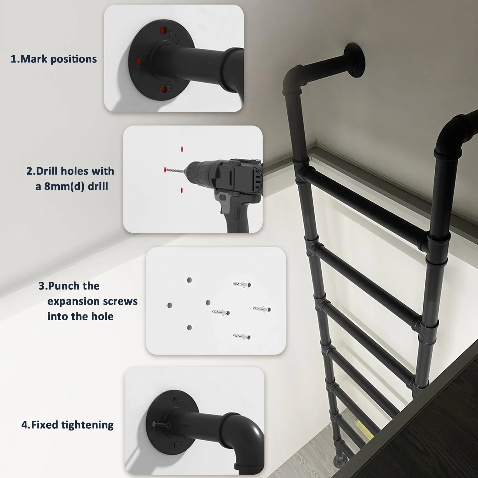 Uniwersalna montowana na ścianie drabina strychowa, regulowana, 100-300 cm, idealna do piwnicy, biblioteki, na dach, balkon - solidne metalowe żelazne rozwiązanie wspinaczkowe (150 cm)