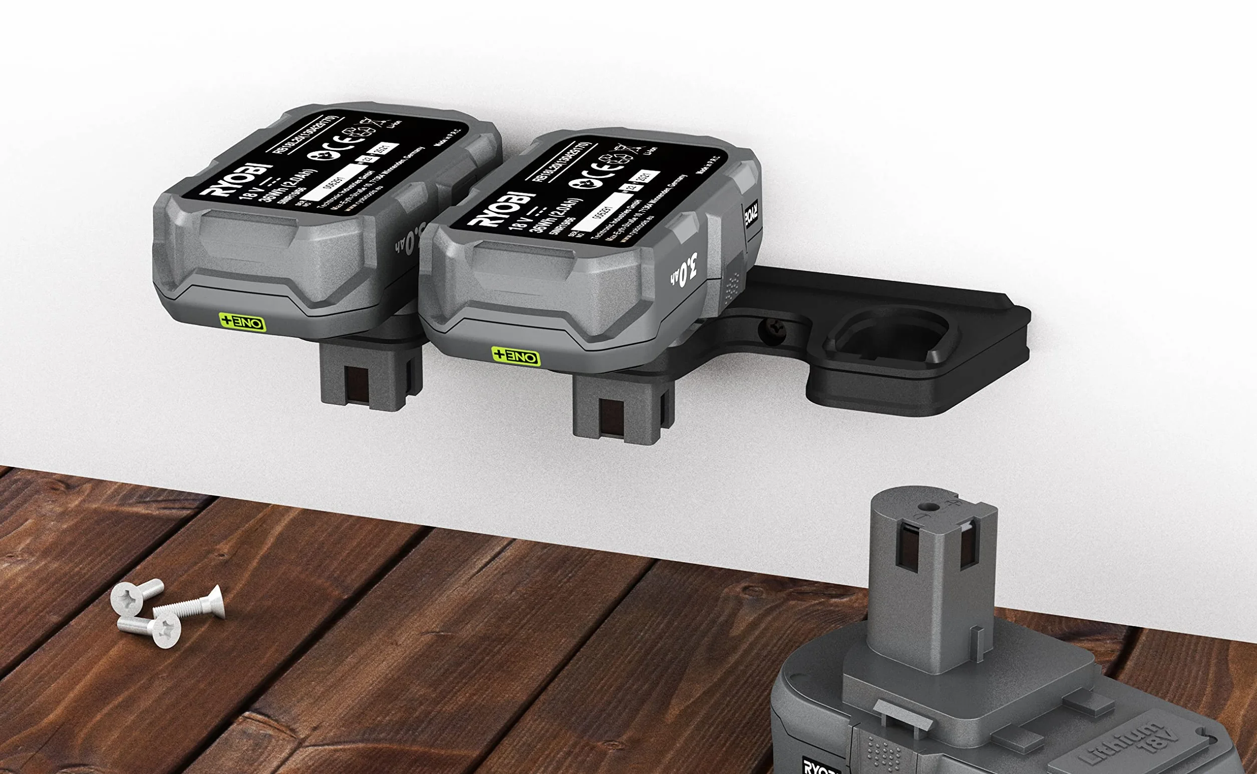 NewGround Designs Uchwyt ścienny do akumulatora pasuje do akumulatorów Ryobi 18 V One+, uchwyt akumulatorowy, uchwyt ścienny odpowiedni do 3 akumulatorów