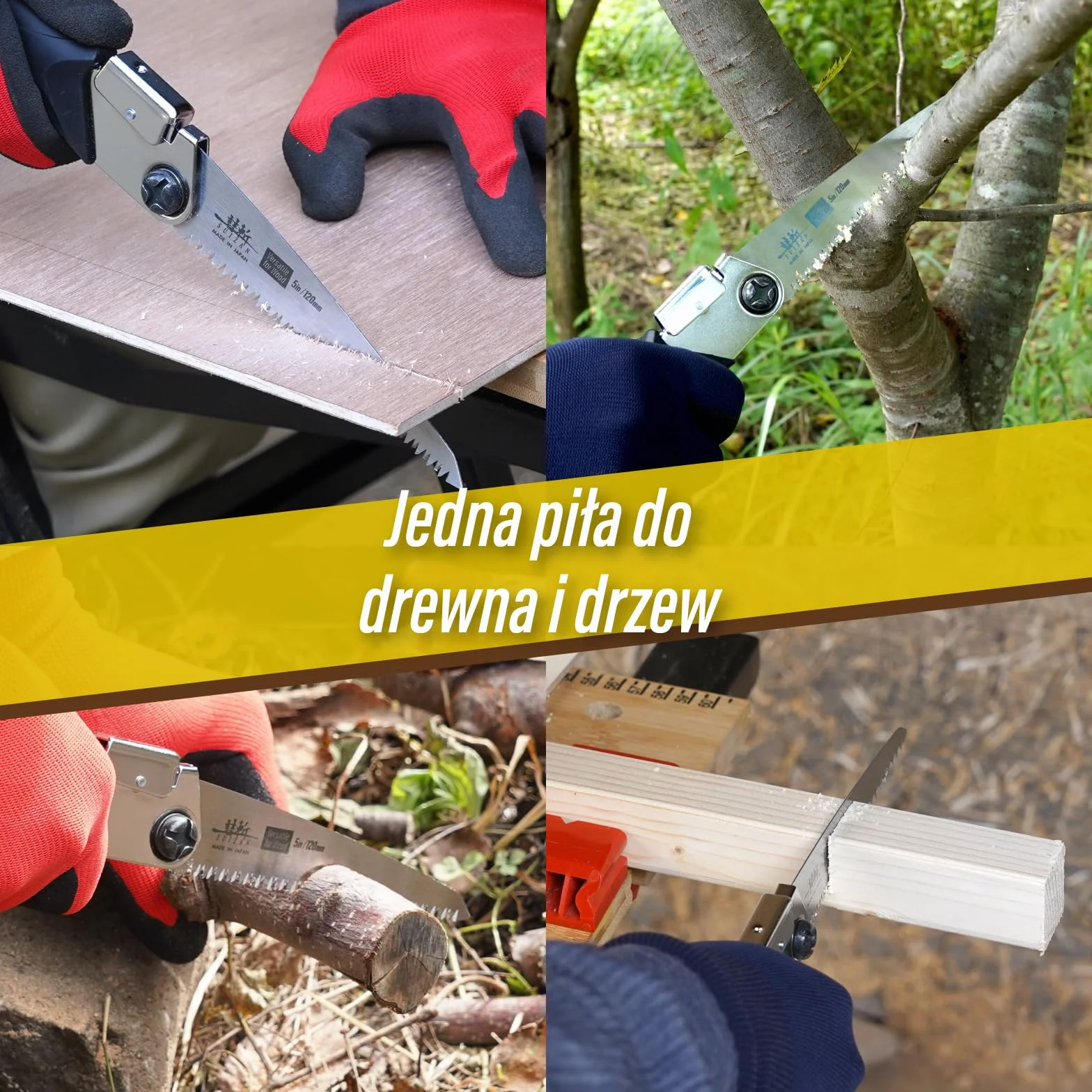 SUIZAN Japońska Piła Składana 120mm Wszechstronna do Drewna - Kieszonkowe Narzędzie do Ogrodnictwa Przycinania Stolarki DIY i Użytku na Zewnątrz