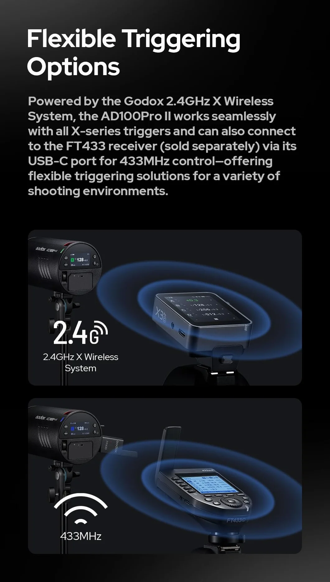 Godox AD100 Pro II 100 W lampa błyskowa z zestawem AK-R1, AD100PRO II 2,4 G TTL Flash, zoom 28-85 mm, 490 pełnych błysków, 0,01-1,5 s, recykling HSS 1/8000s, akumulator 2850 mAh, ładowanie USB-C, 16