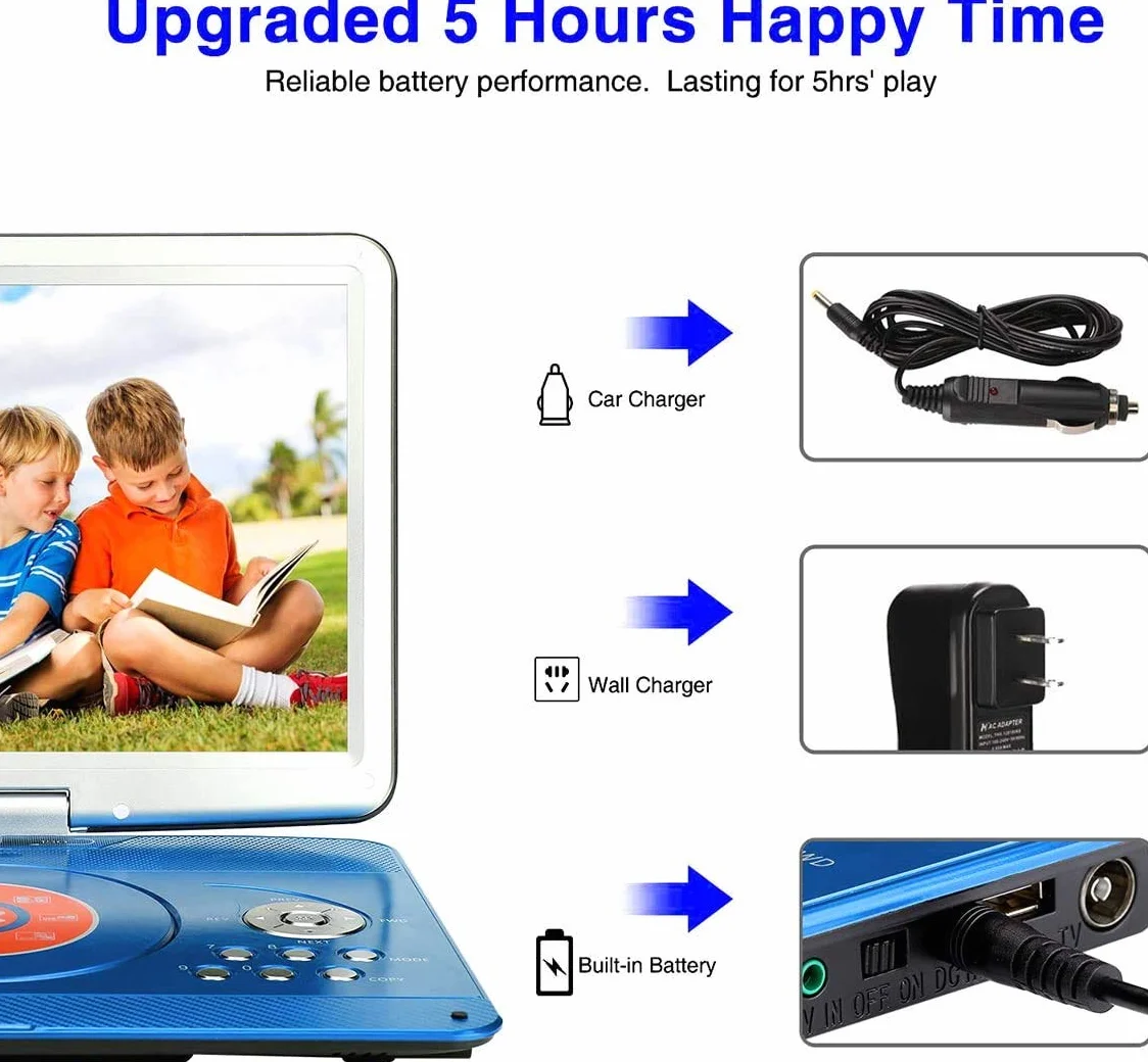 YOOHOO Przenośny Odtwarzacz DVD 16,9'' do Samochodu i Dzieci z Ekranem HD 14,0'', z Baterią 3500 mAh, Obsługuje Karty SD i USB, Niebieski