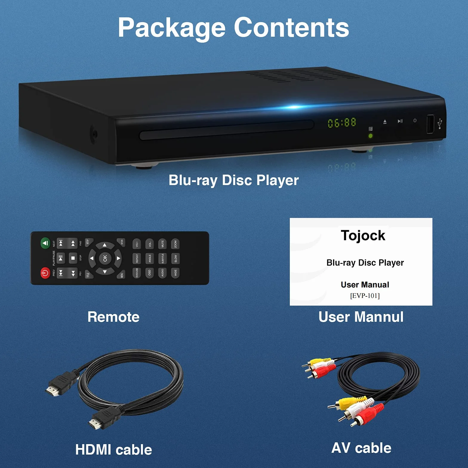 Odtwarzacz Blu Ray Disc z kablem HDMI AV, 1080p, USB, DTS, zintegrowany efekt dźwiękowy, PAL NTSC koncentryczny Blu Ray Region B/2, DVD Region Free