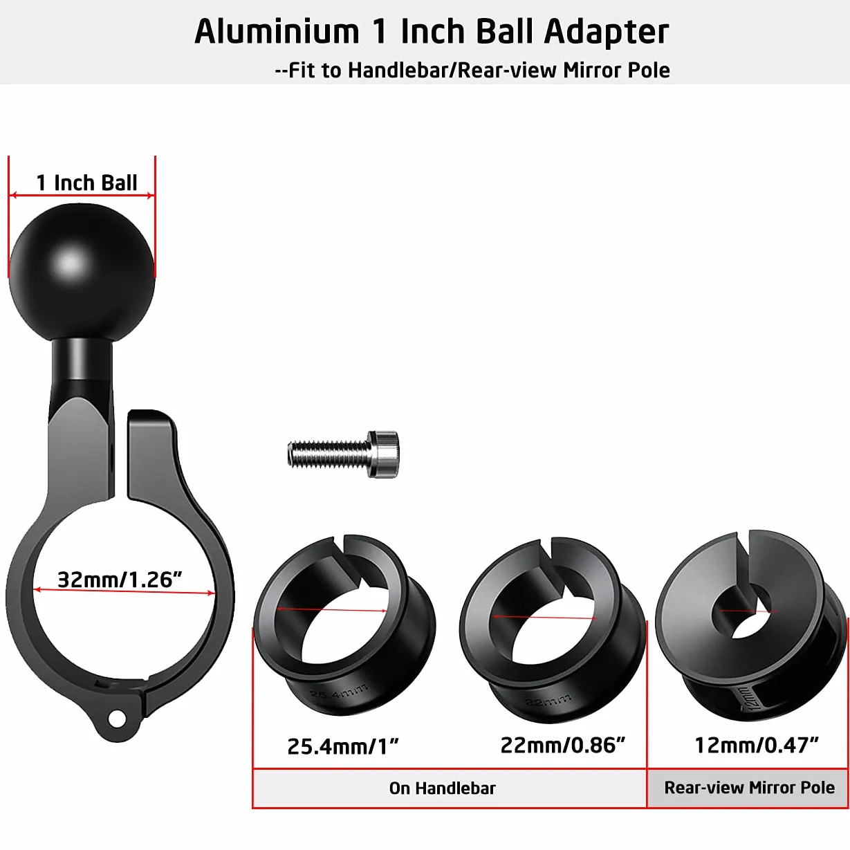 iMESTOU Aluminiowy adapter do montażu kulowego 2,5 cm, pasuje do kierownicy o średnicy 2,2 cm - 3,2 cm lub drążka lusterka wstecznego, kompatybilny z uchwytami do telefonu RAM z gniazdem kulowym 1