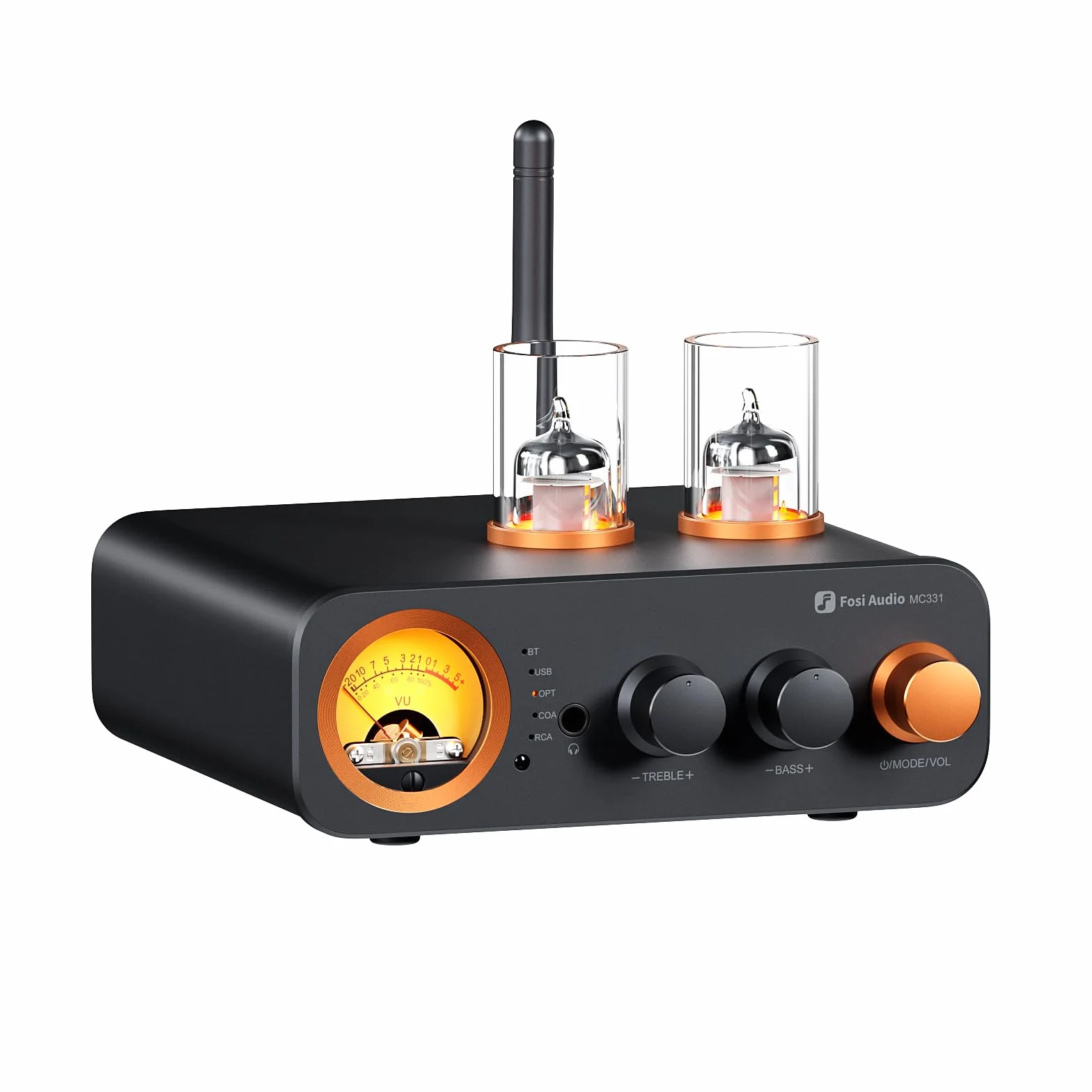 Fosi Audio MC331 Zintegrowany Wzmacniacz lampowy z DAC, 2-kanałowy wzmacniacz mocy do głośników półkowych HiFi/słuchawek 3,5 mm, przedwzmacniacz z miernikiem VU w stylu vintage z Bluetooth