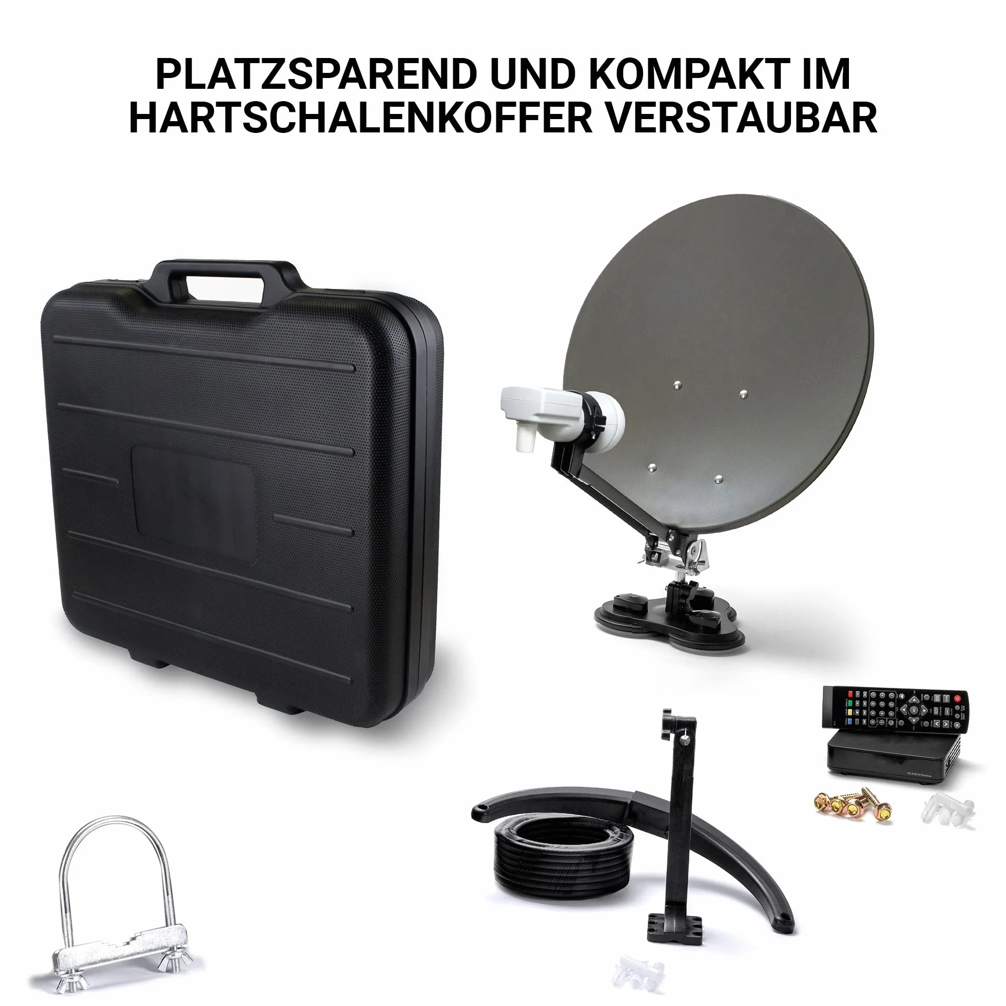 XORO 38,5 cm kempingowa antena satelitarna MCA 38 HD, w zestawie odbiornik DVB-S2 FullHD, pojedynczy LNB ze zintegrowanym satfinderem, kablem 10 m, uchwytami, w twardej obudowie