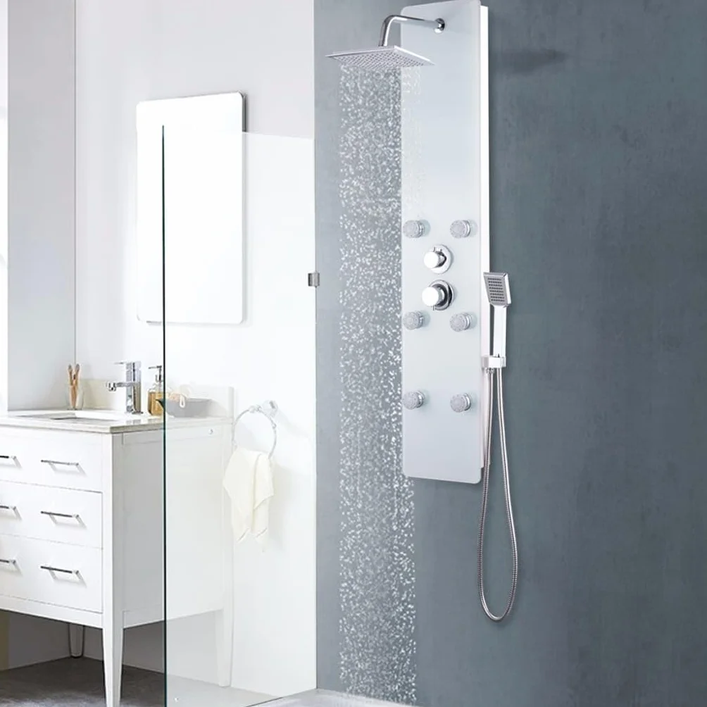 Panel prysznicowy ze stali nierdzewnej z hartowanym szkłem 25 x 44,6 x 130 cm, biały, z 3 trybami deszczownicy i dysz do masażu, do kabiny prysznicowej, wanny