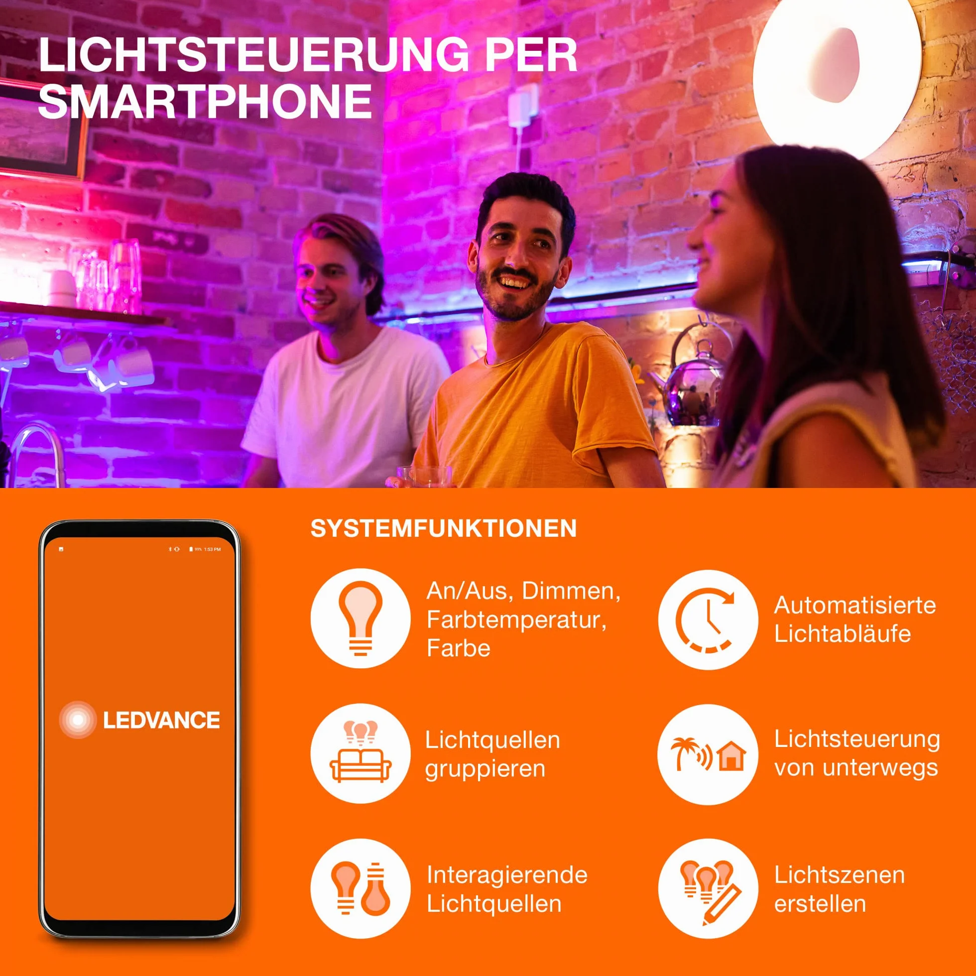 LEDVANCE Inteligentna żarówka LED z Wifi, E27, Możliwość ściemniania, Ciepła biel (2500K), Kształt żarówki, Przezroczysty żarnik w przydymionym szkle, Możliwość sterowania za pomocą Alexa, Google