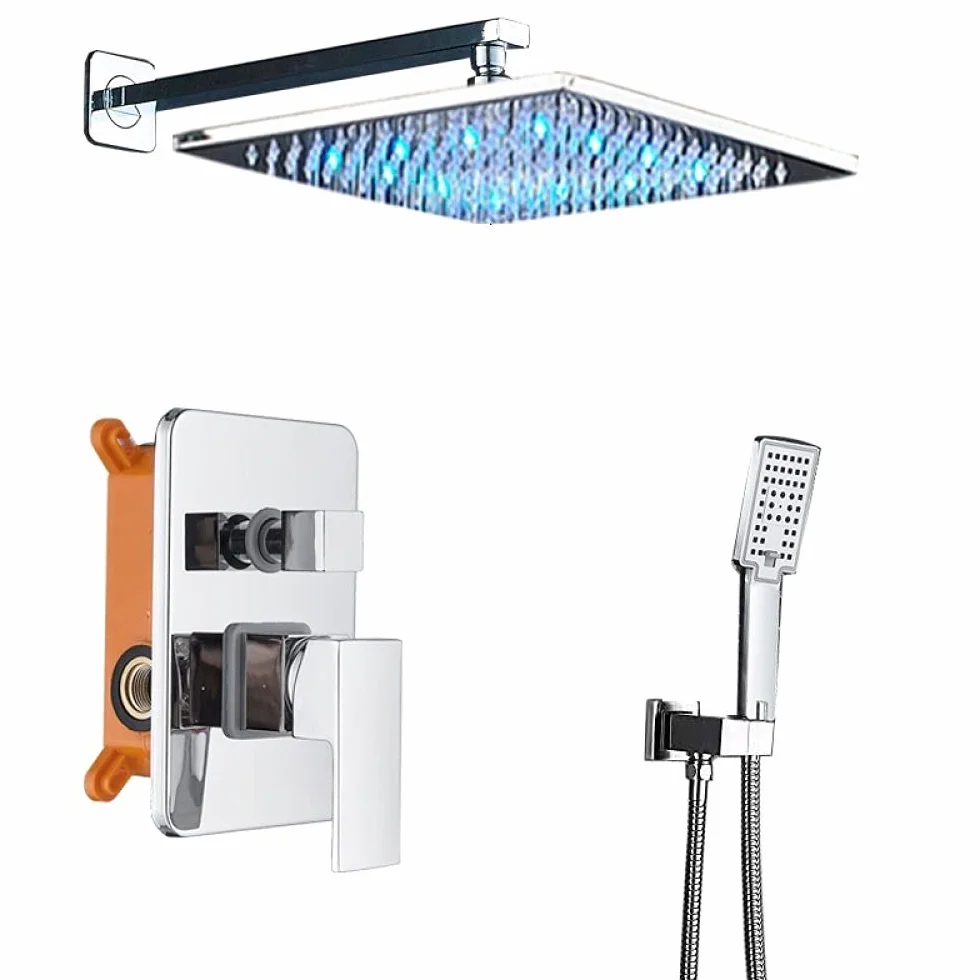 Bateria natryskowa do łazienki, chromowana, deszczownica LED, bateria do wanny, montowana na ścianie, bateria mieszająca do wanny i prysznica, bateria natryskowa do łazienki, zestaw natryskowy 12 ca