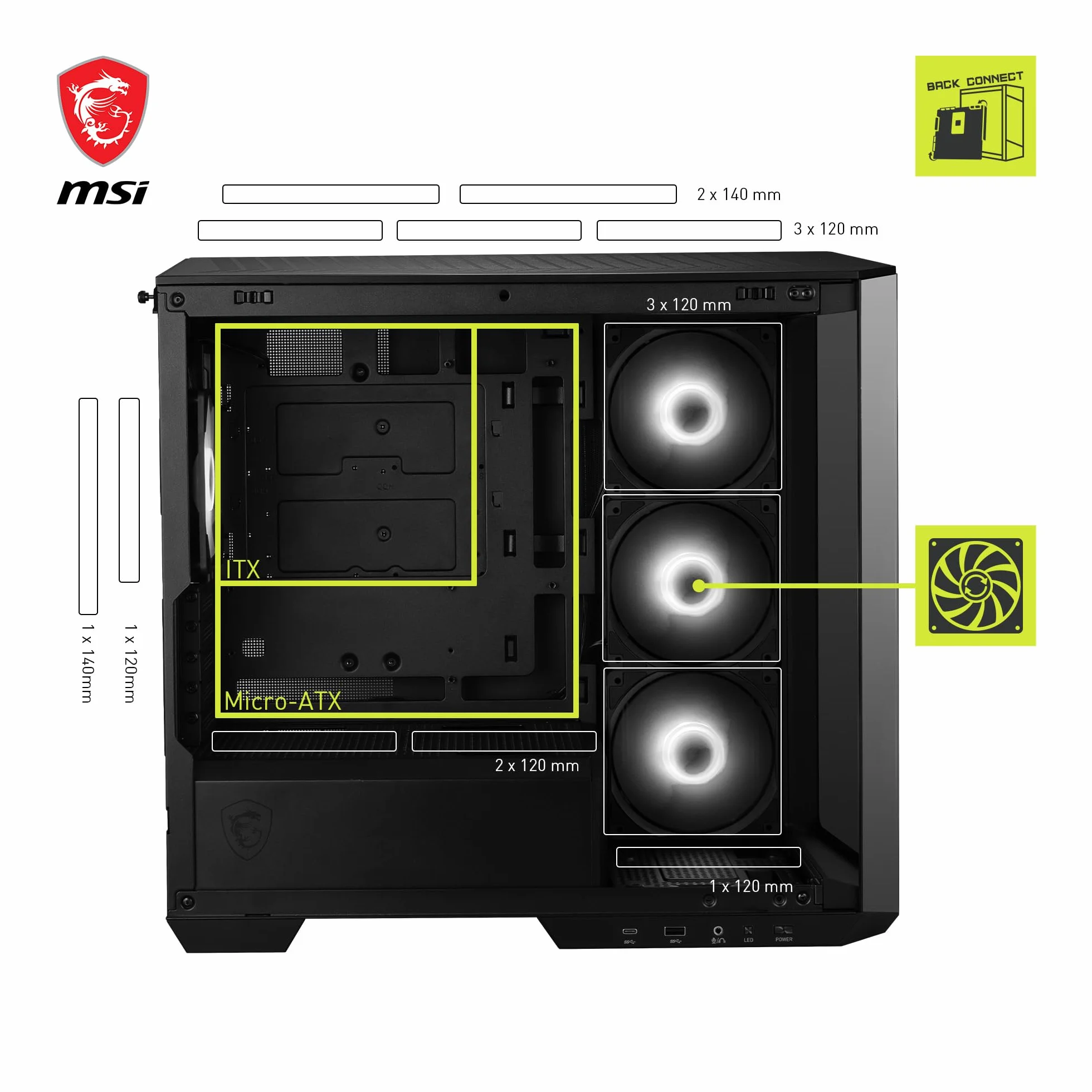 MSI MAG PANO M100R PZ mATX obudowa PC 3x120 mm wentylator ARGB Reverse Blade ARGB 120 mm koncentrator