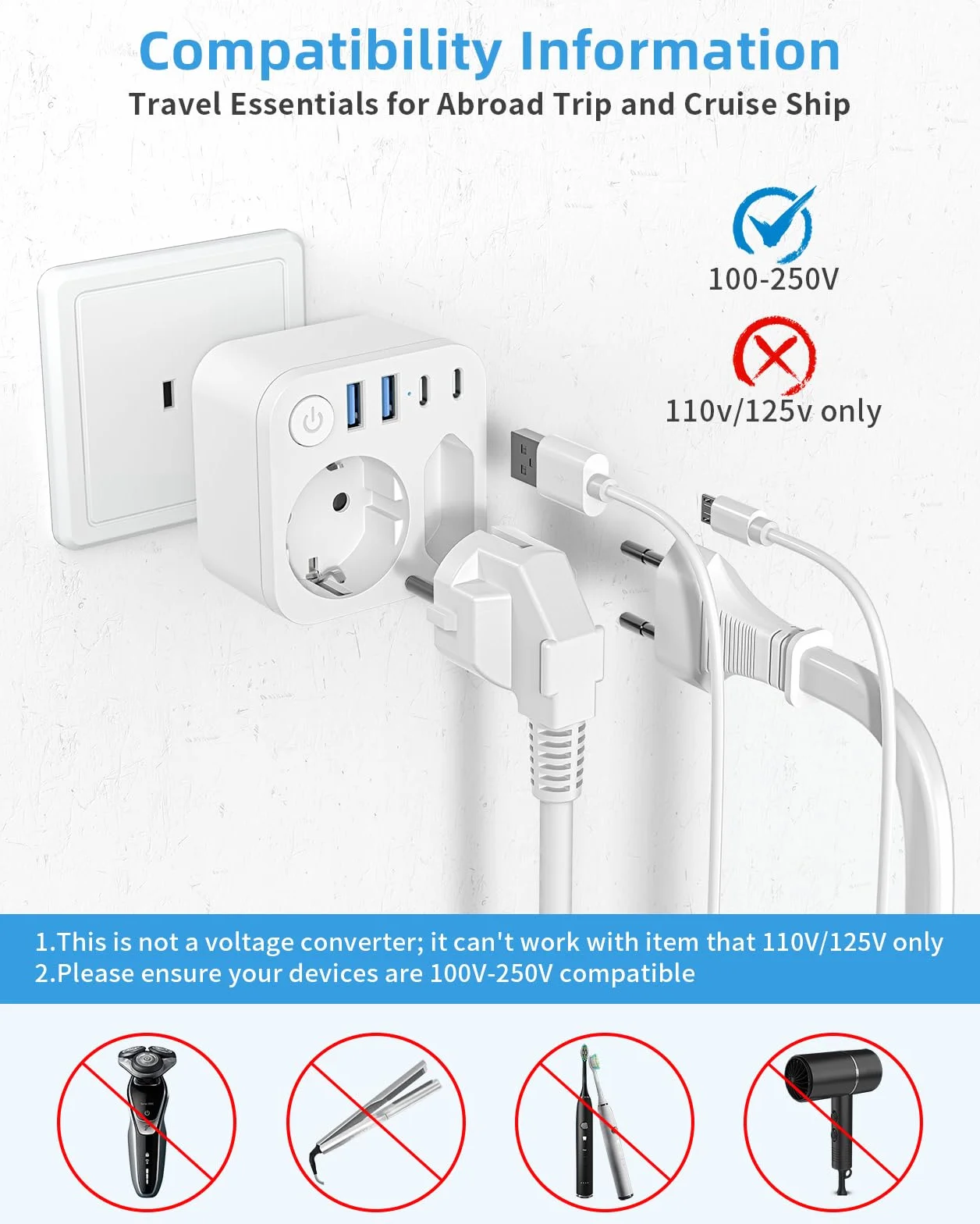 Adapter podróżny Schuko na typ A 4 porty USB 2 Type-C biały do USA Japonii Kanady