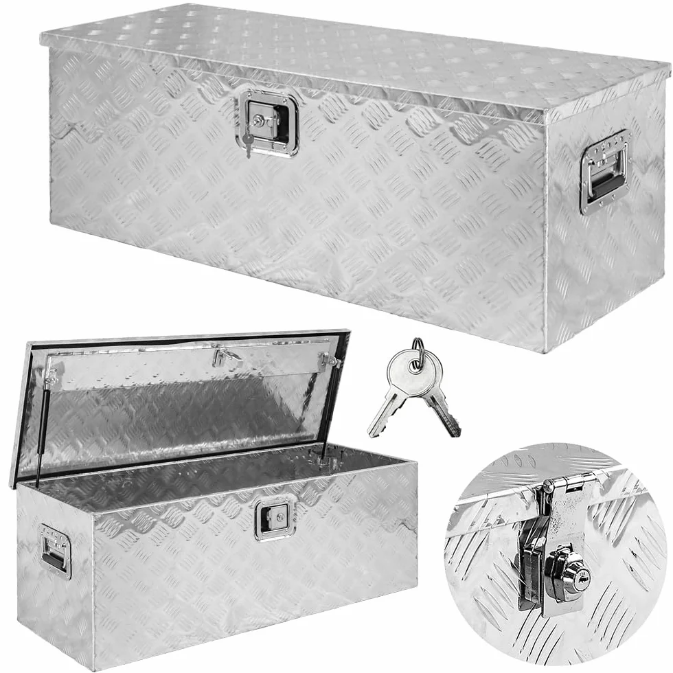Trucky Skrzynka na samochód z aluminium, model D160, 109 x 40 x 38 cm, zamykana, wytrzymała blacha ryflowana, łącznie z zestawem montażowym, do warsztatu, samochodu, hobby