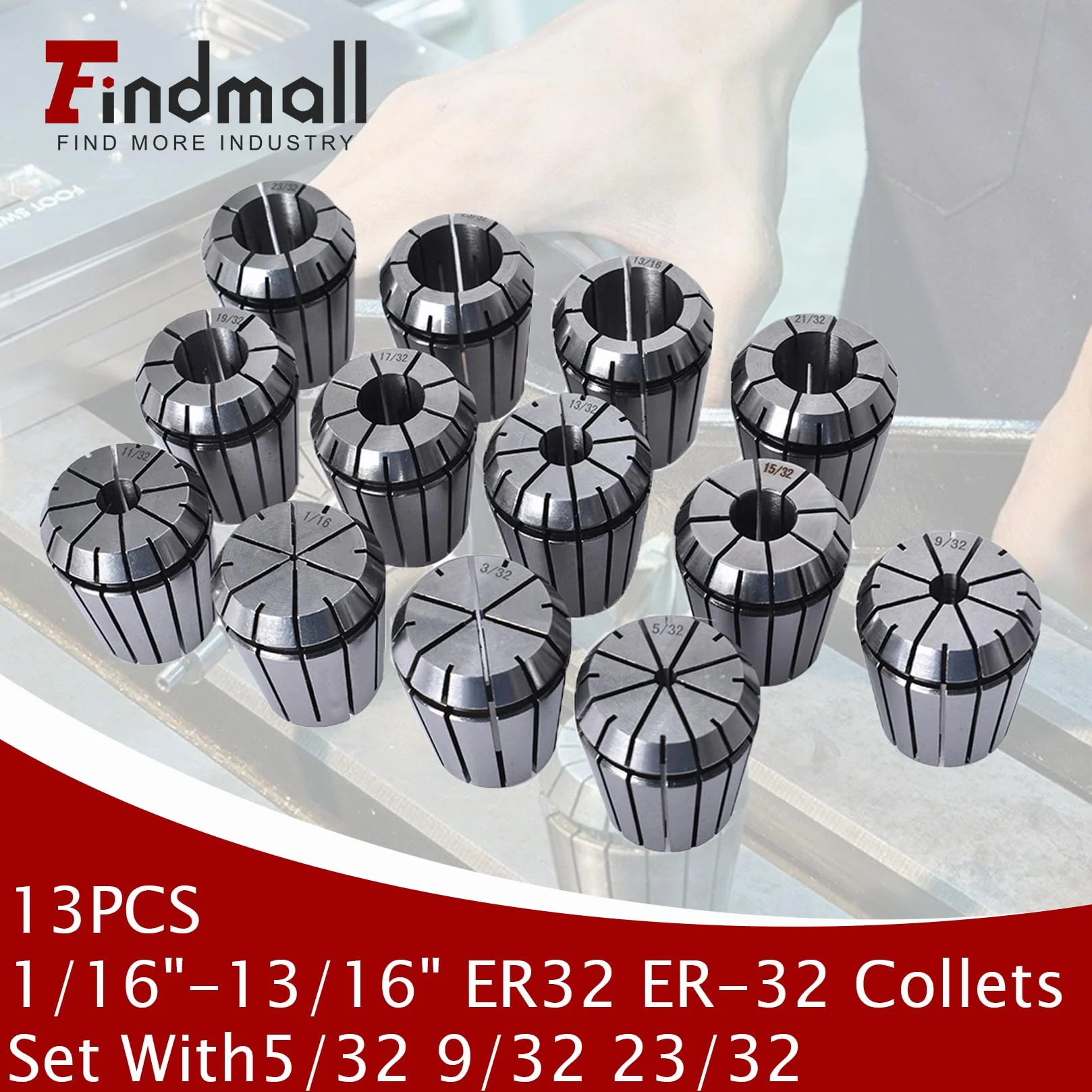 Zestaw tulei zaciskowych ER32 ER-32 o superdokładności 13 szt. 1/16"-13/16" z 5/32, 9/32, 23/32