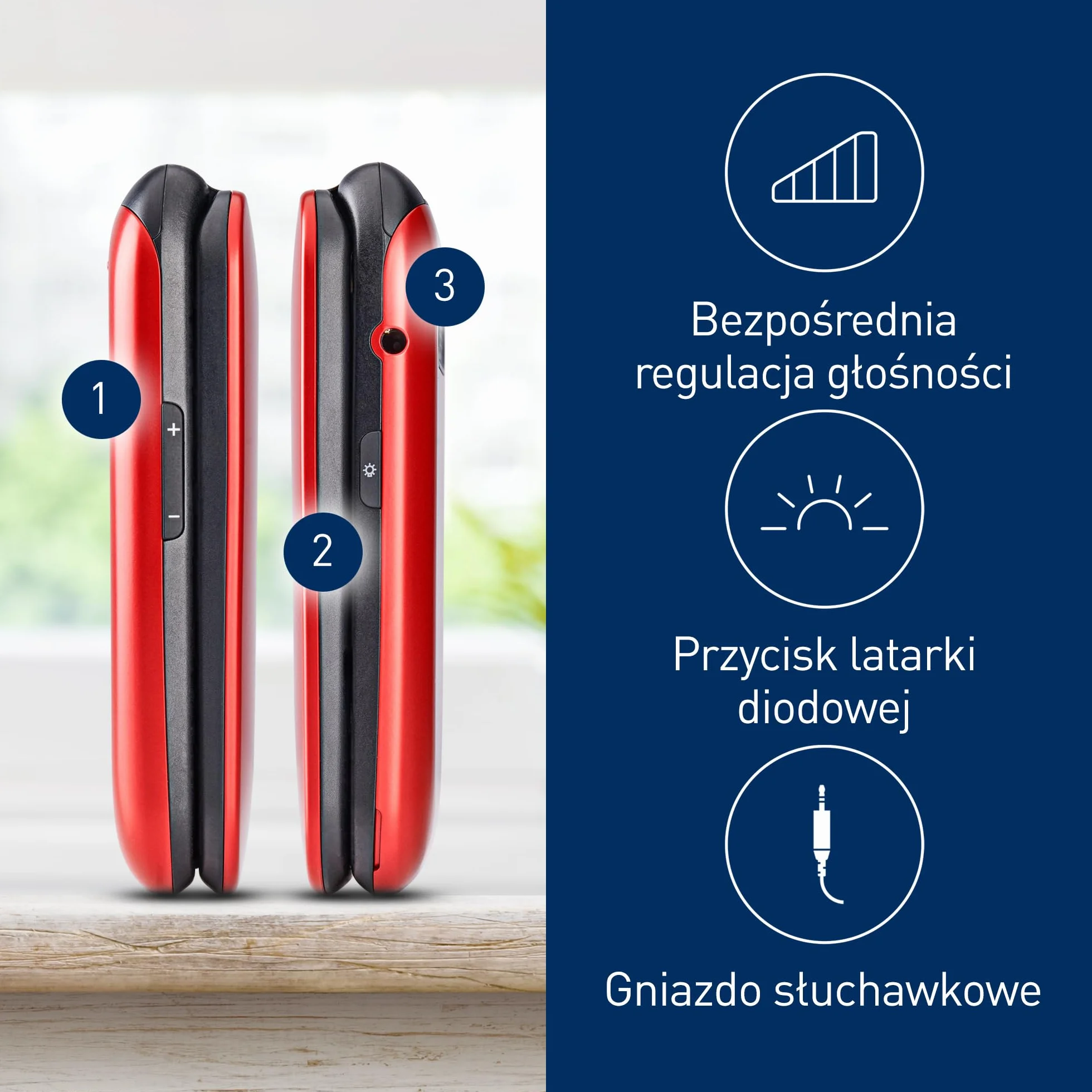Panasonic KX-TU550 Telefon dla seniora z klapką, duży ekran 2,8", czerwony