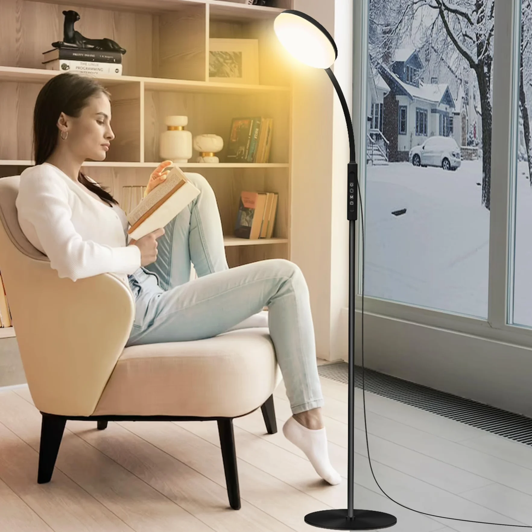 Mojimdo Lampa podłogowa 20000 Lux - elastyczna, ściemnialna lampa LED do terapii światłem z 5 kolorami, 10 poziomami jasności i wyłącznikiem czasowym