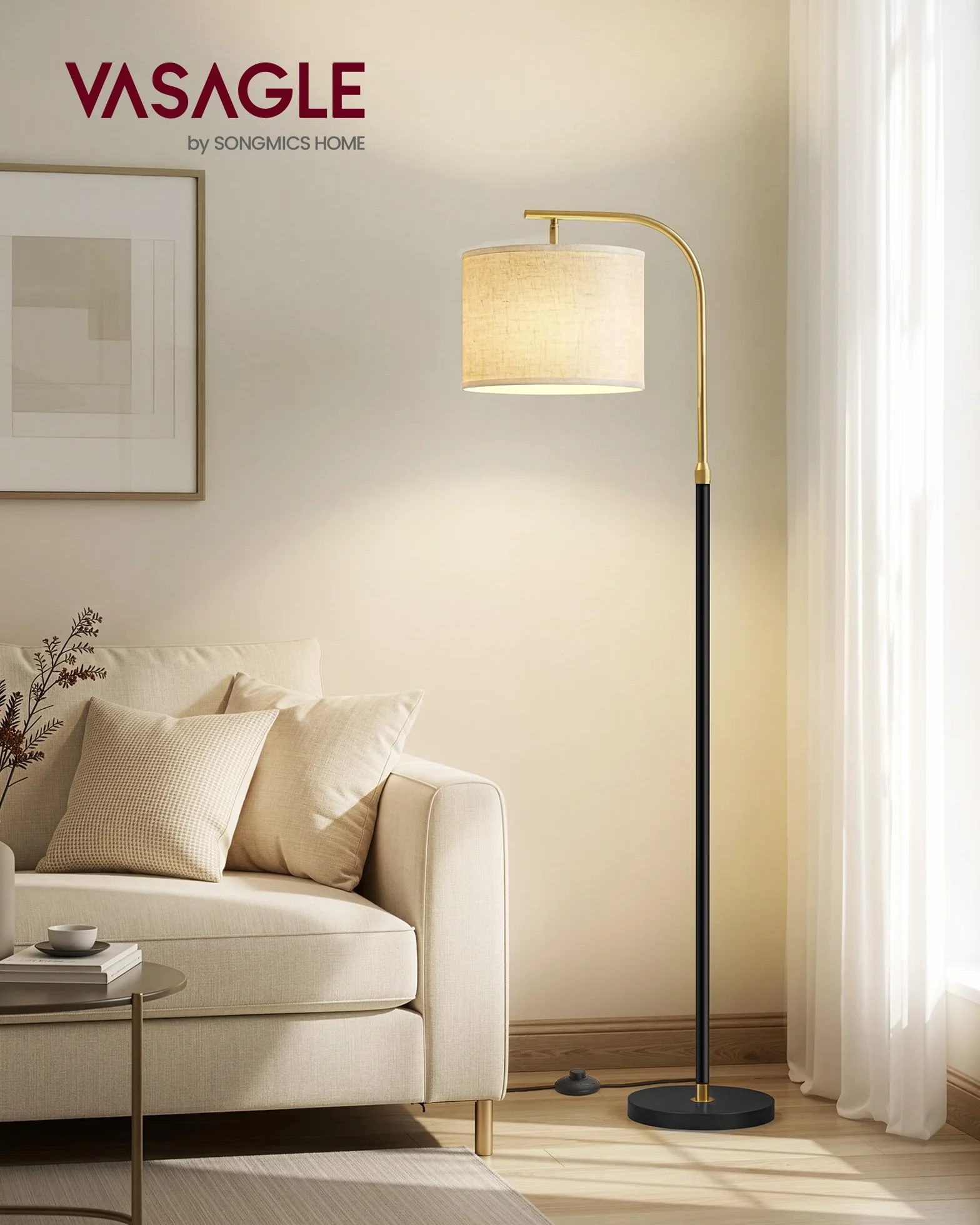 VASAGLE Lampa stojąca, lampa łukowa, lampa stojąca, lampka do czytania z regulacją wysokości, wysokość 150-175 cm, nowoczesna, z przyciskiem nożnym, abażur z tkaniny, oprawka E27, matowa czerń