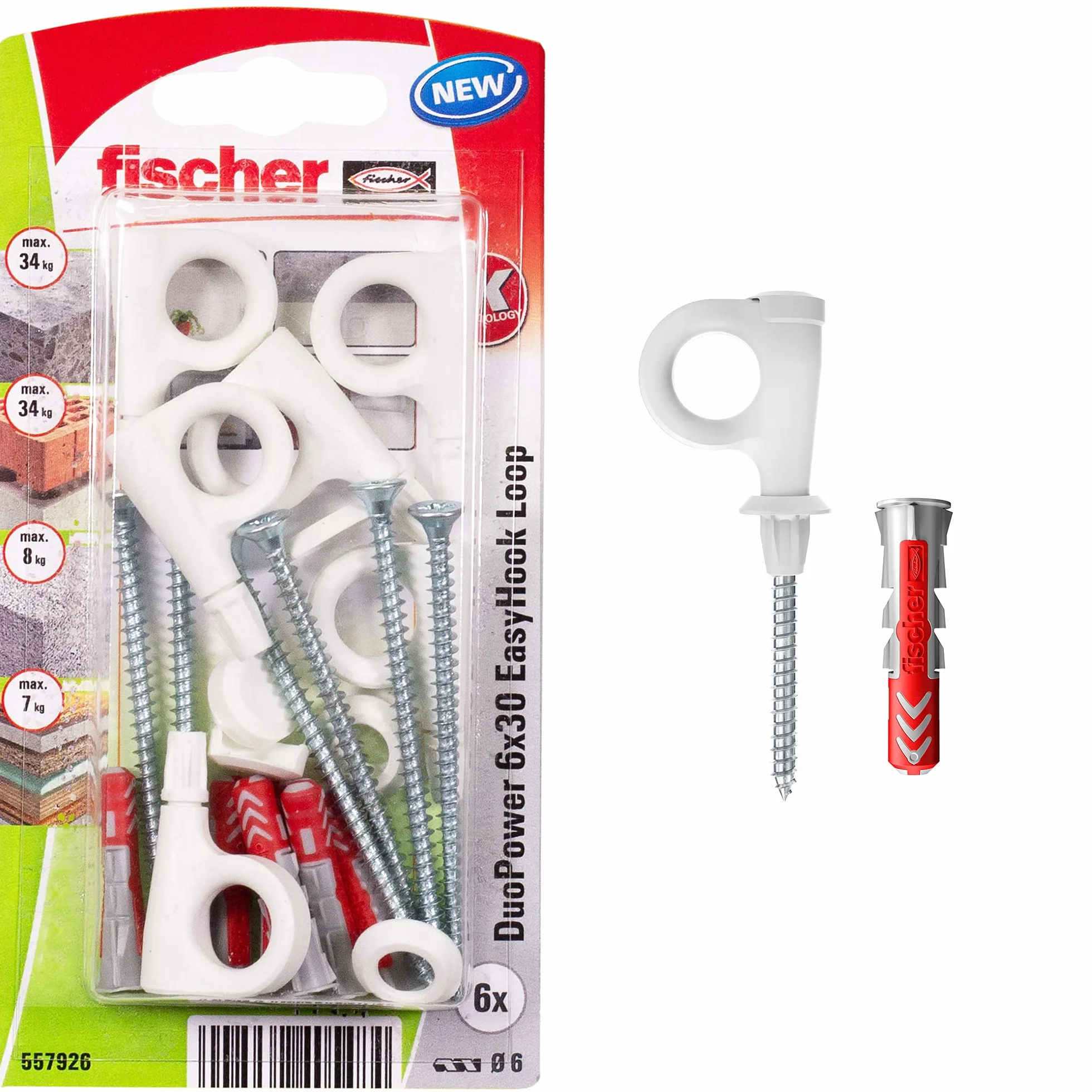 fischer EasyHook Loop K (6), zestaw 6 śrub z hakami z oczkami i kołkami DuoPower 6 x 30, śruby do płyt wiórowych z haczykami, elastyczne haki śrubowe do montażu w wielu materiałach budowlanych