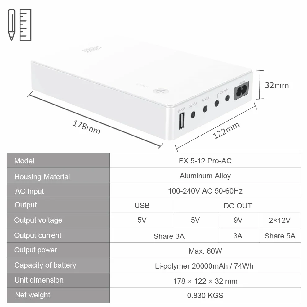 Mini UPS bezprzerwowe zasilanie routera 5V 9V 12V 74 Wh biały